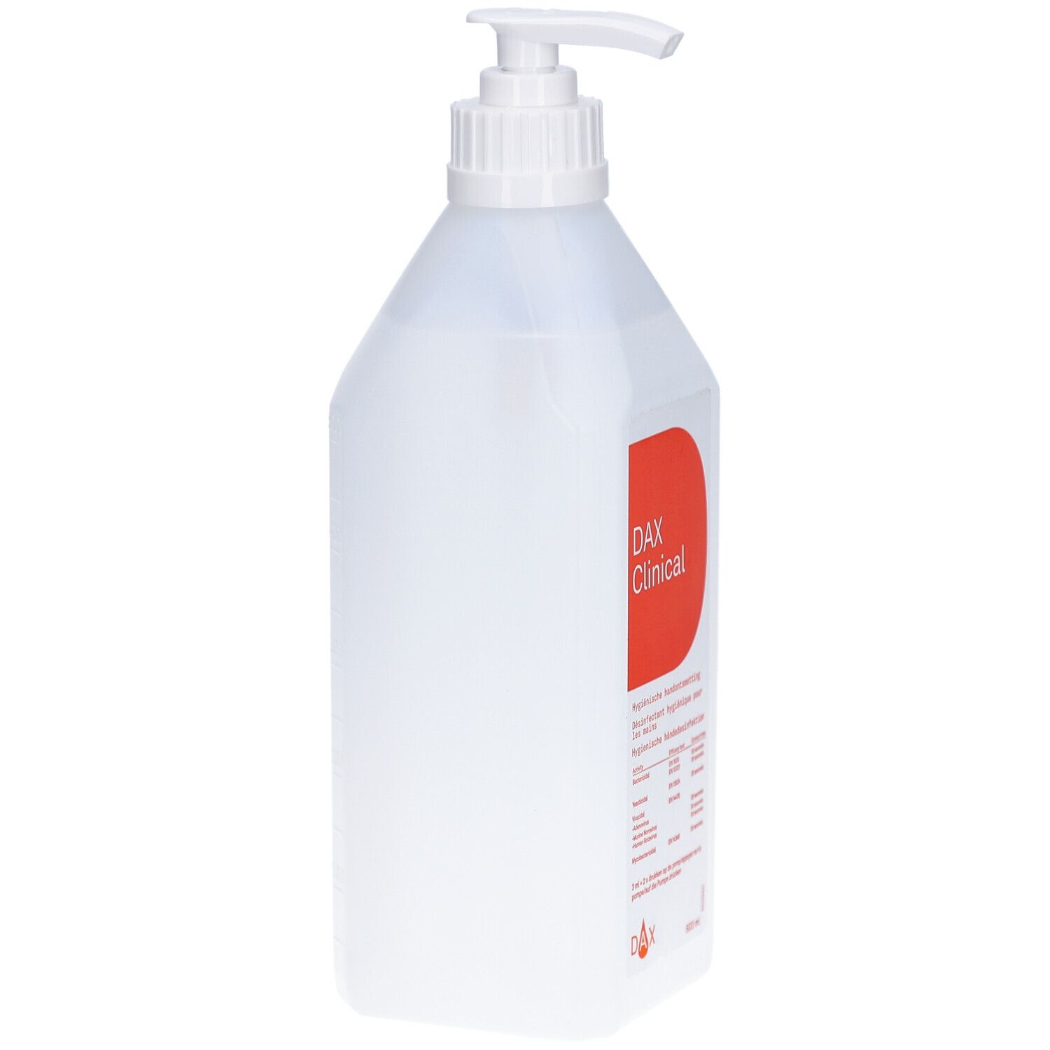 Transparante fles met doseerpomp. Etiket met "DAX Clinical" en tekst. Zijaanzicht.