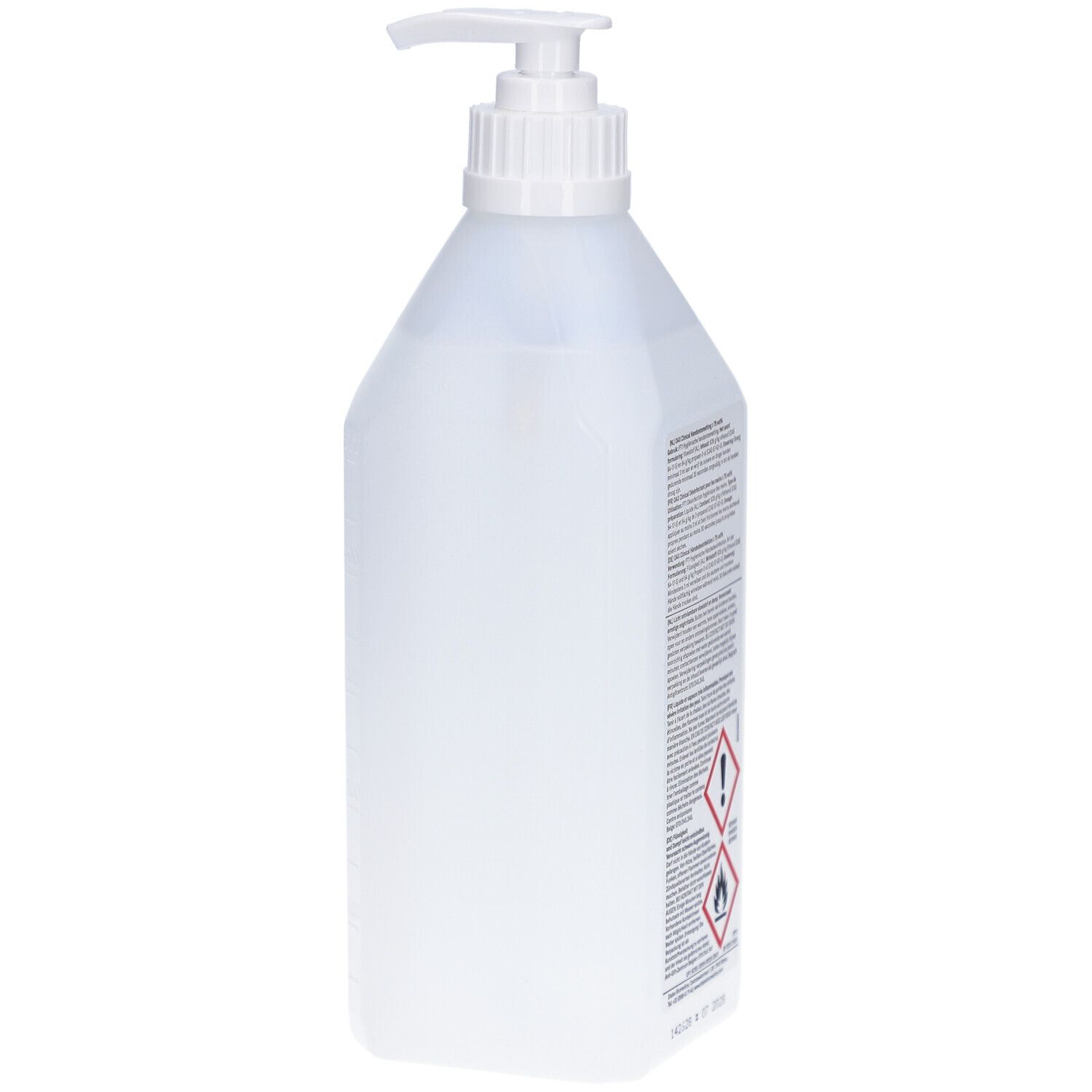 Transparante fles met doseerpomp. Achteraanzicht met tekst en gevaarsymbolen.