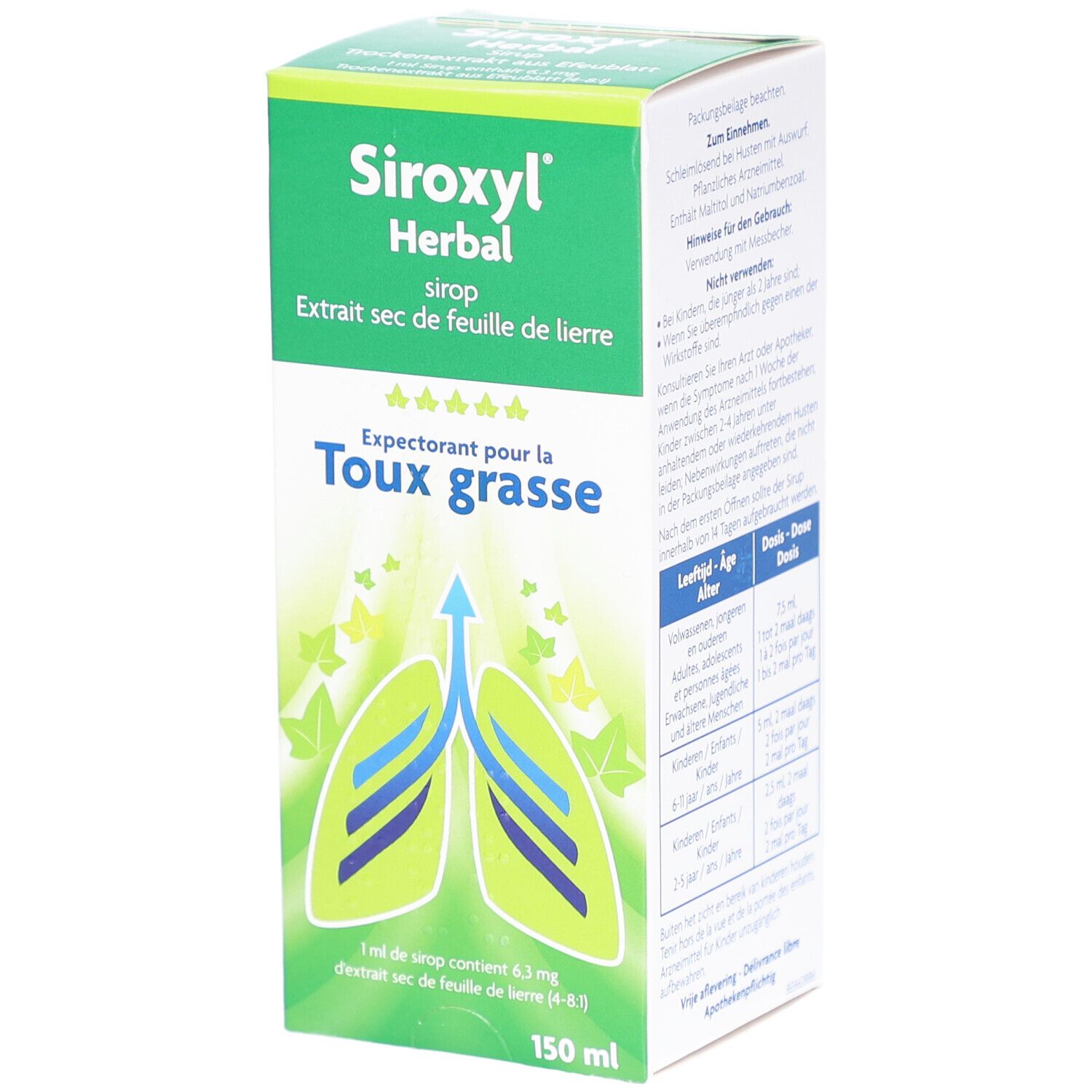 Groene doos Siroxyl Herbal. Opschrift: hoestsiroop, extract van klimopblad. Illustratie: longen met pijl. 150 ml.