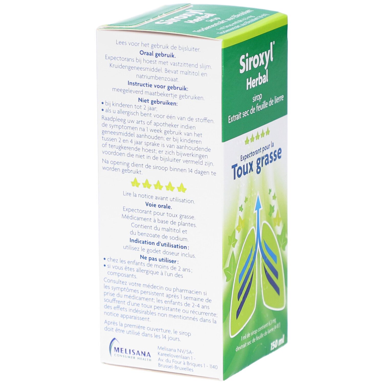 Achterkant van de groene Siroxyl Herbal-doos. Meertalige tekst. Illustratie: longen met pijl. 150 ml.