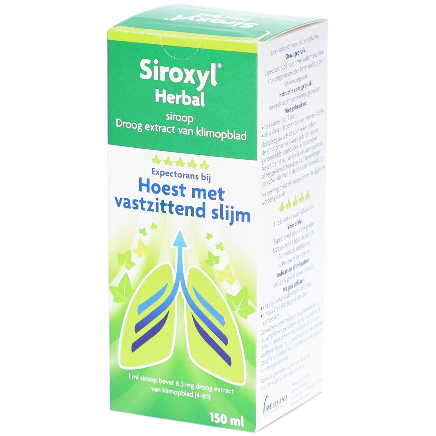 Groene doos Siroxyl Herbal. Opschrift: hoestsiroop, extract van klimopblad. Illustratie: longen met pijl. 150 ml.