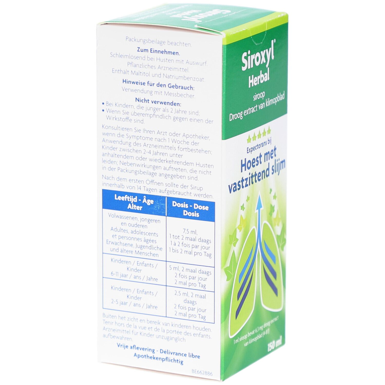 Achterkant van de groene Siroxyl Herbal-doos. Meertalige tekst. Illustratie: longen met pijl. 150 ml.