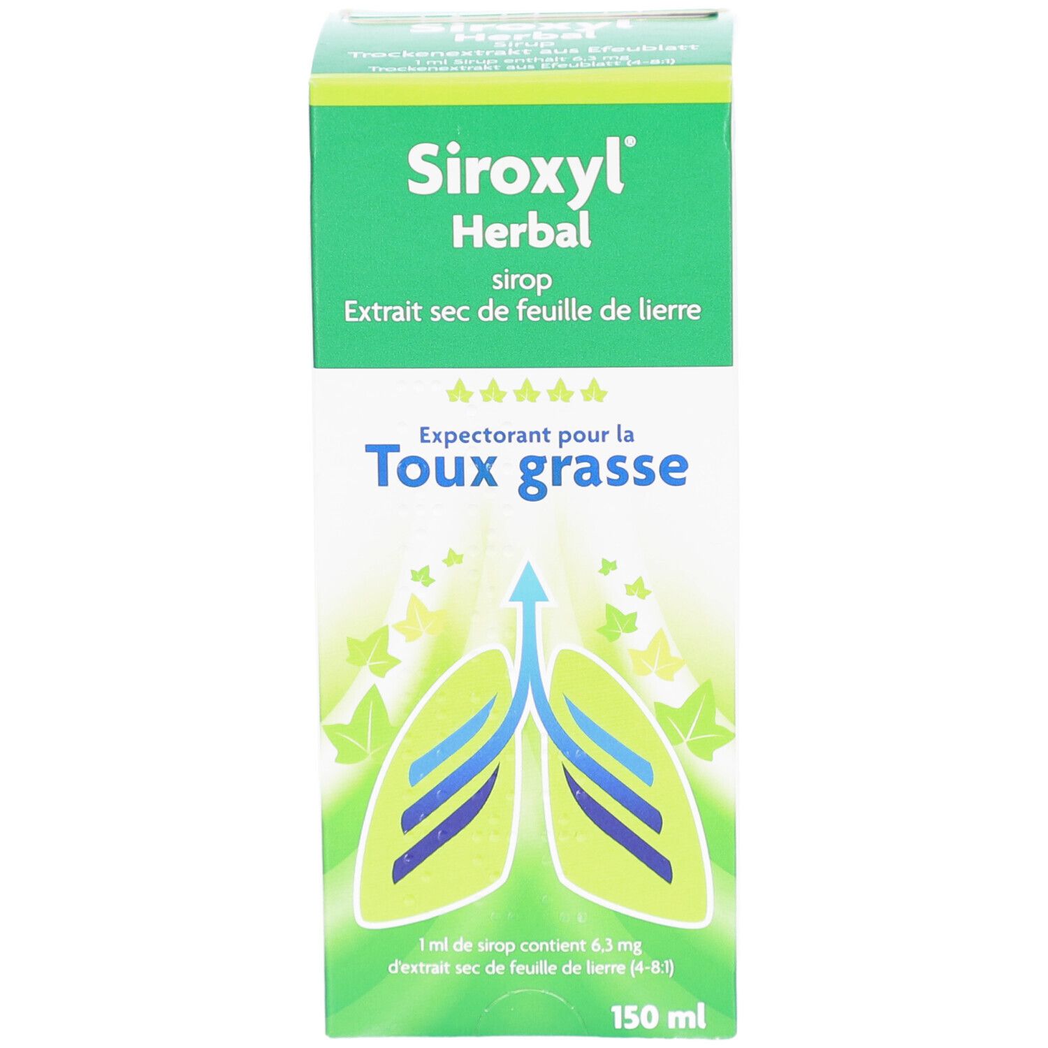 Groene doos Siroxyl Herbal. Opschrift: hoestsiroop, extract van klimopblad. Illustratie: longen met pijl. 150 ml.
