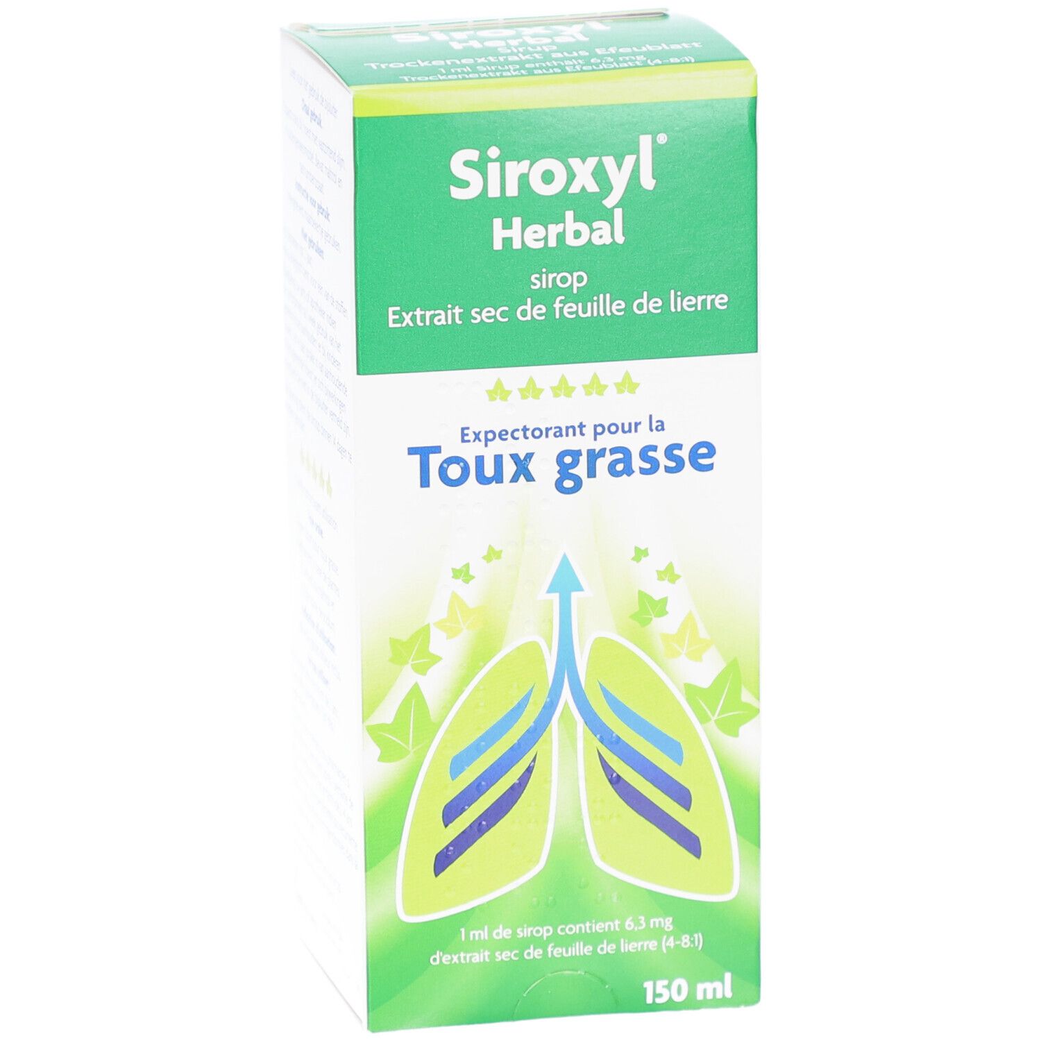 Groene doos Siroxyl Herbal. Opschrift: hoestsiroop, extract van klimopblad. Illustratie: longen met pijl. 150 ml.