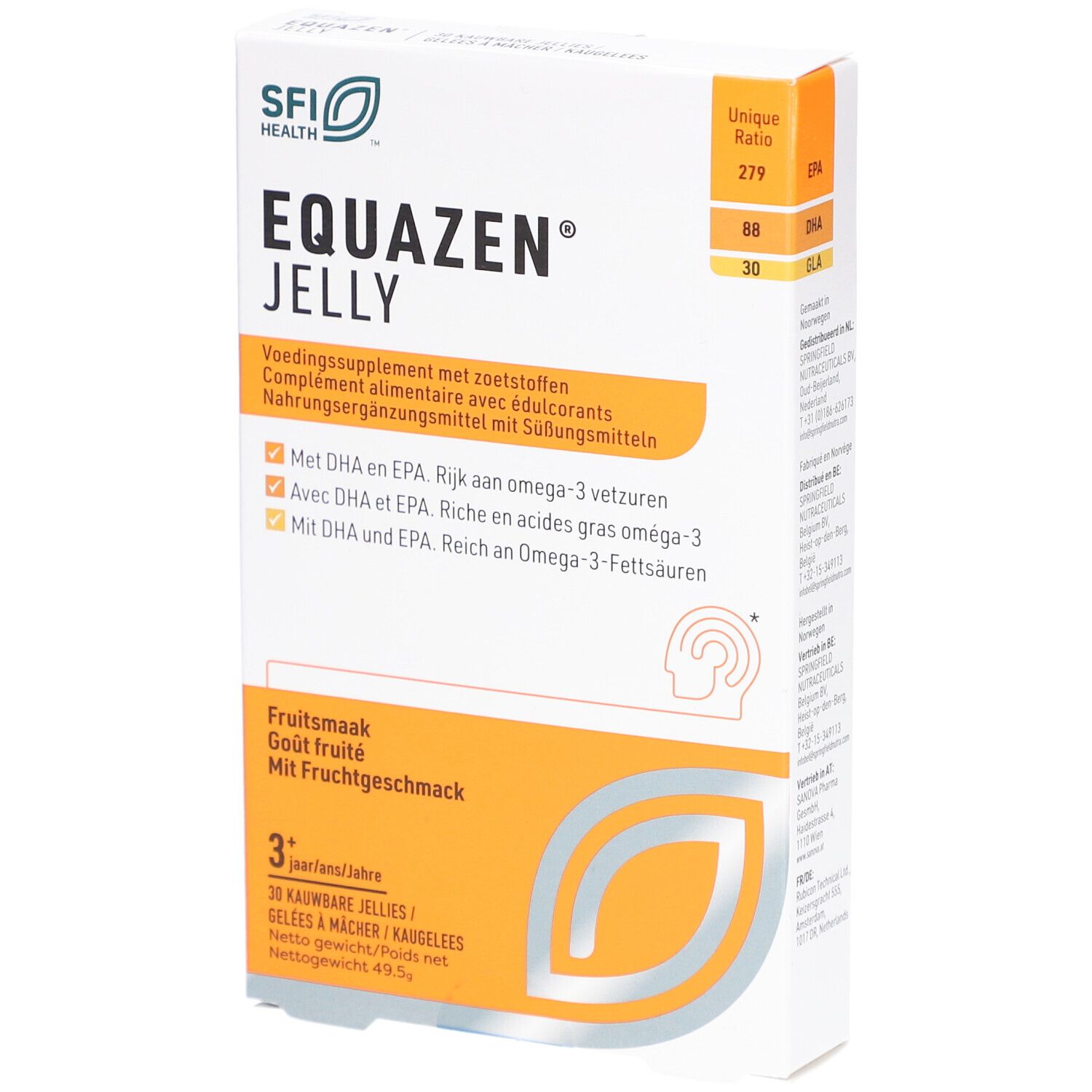 Verpakking van Equazen Jelly. Wit en oranje, met productnaam en logo's. Bevat 30 kauwbare gelei.