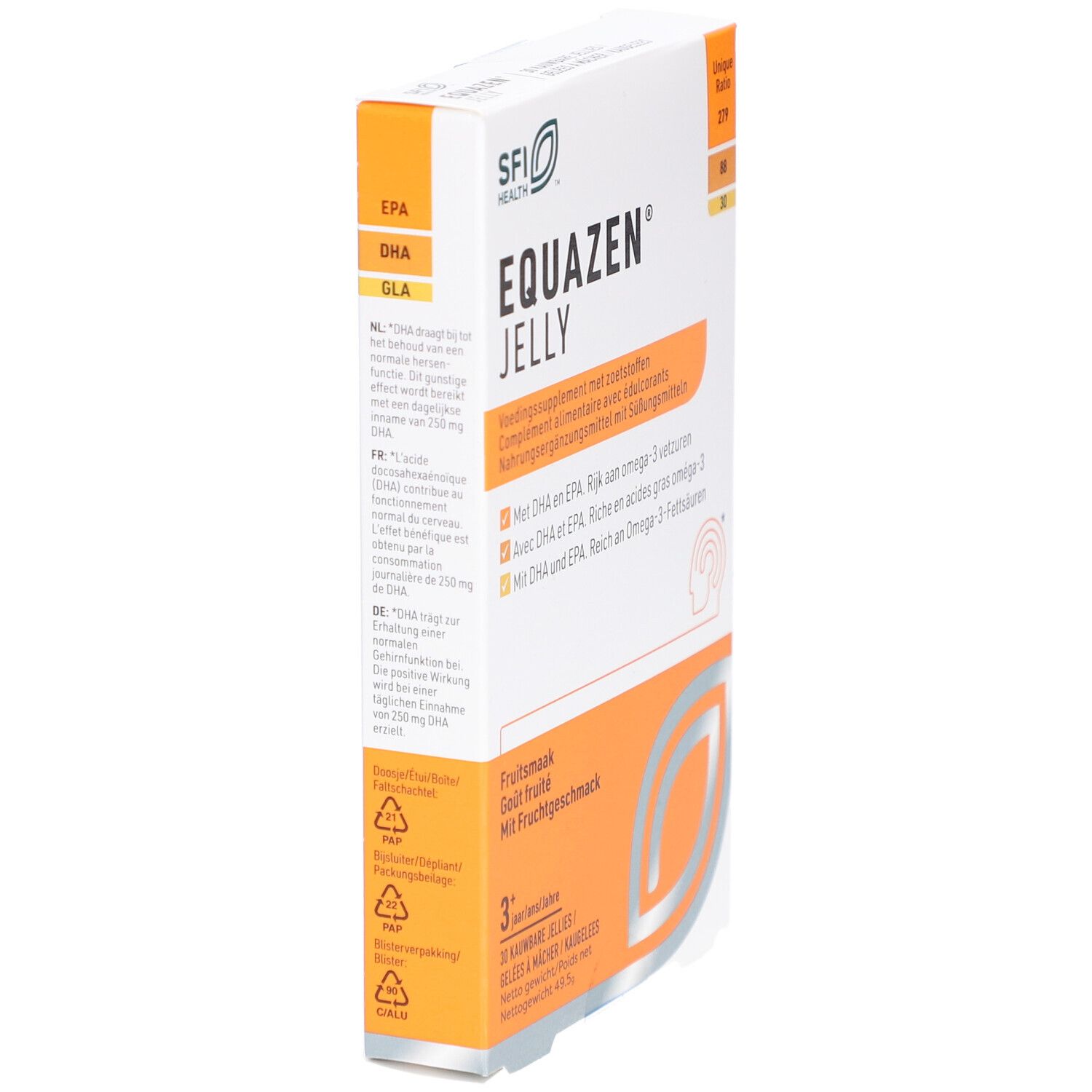 Equazen Jelly verpakking, schuin. Wit en oranje, met productnaam en logo's. Bevat 30 kauwbare gelei.