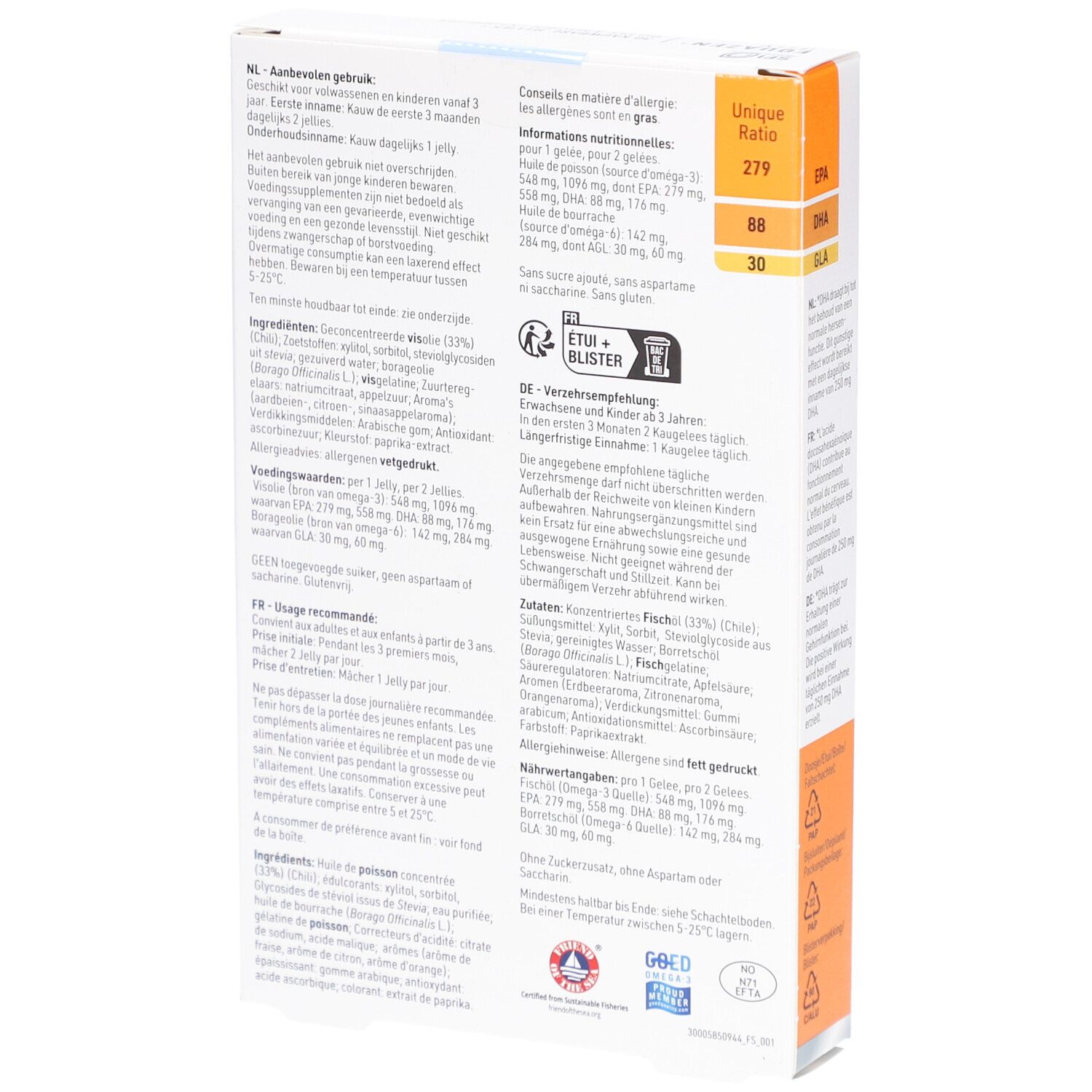 Achterkant van de Equazen Jelly verpakking. Bevat informatie over ingrediënten en voedingswaarde. Wit en oranje.