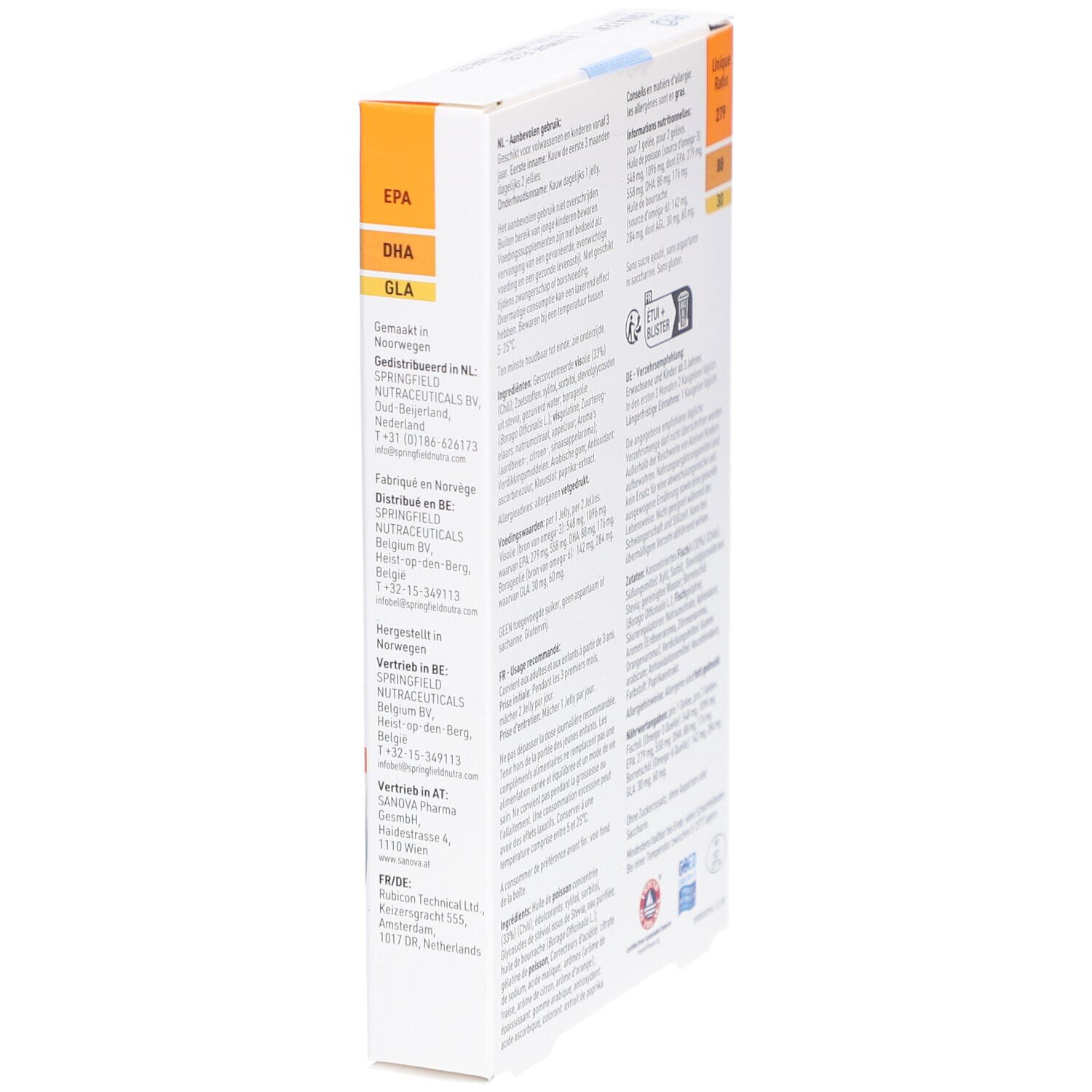 Zijaanzicht van de Equazen Jelly verpakking. Bevat informatie over ingrediënten en voedingswaarde. Wit en oranje.