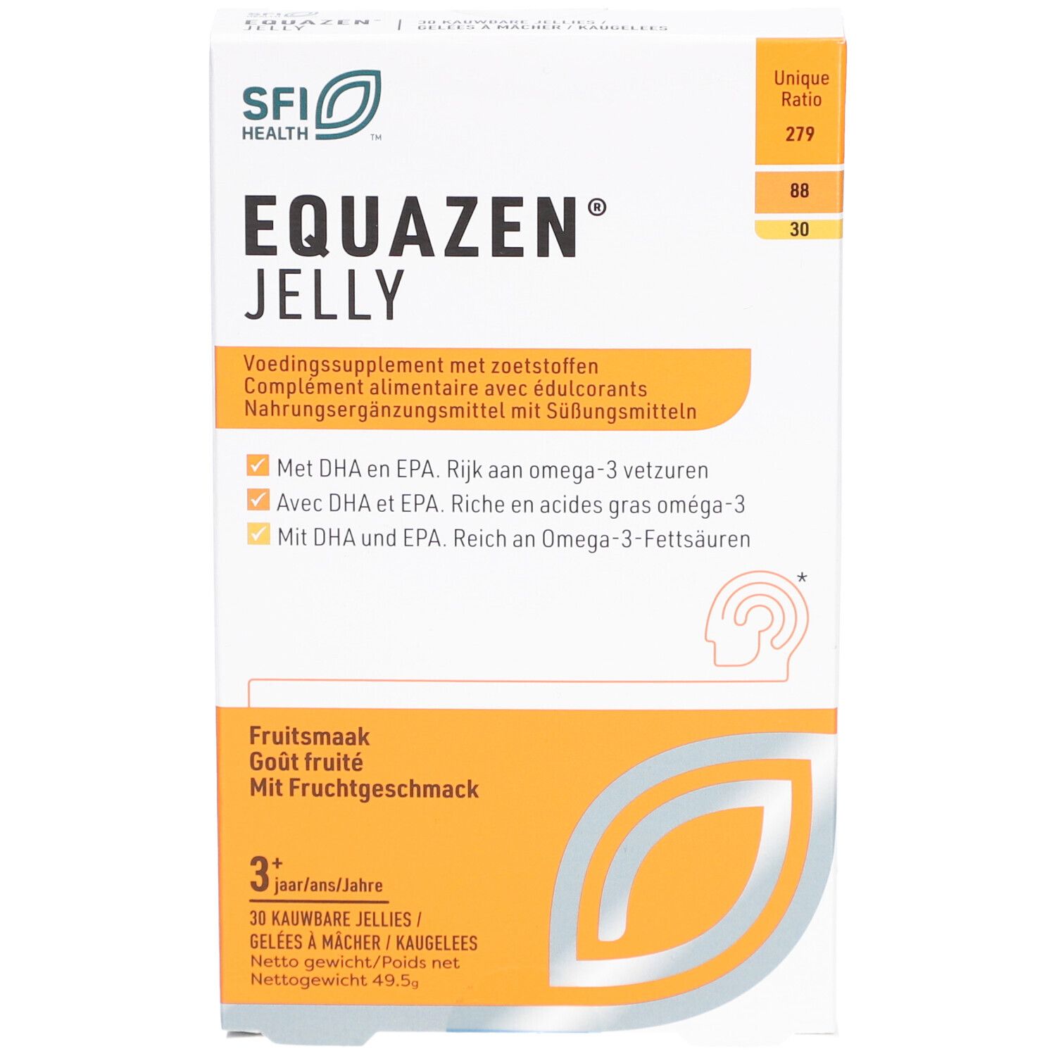 Verpakking van Equazen Jelly. Wit en oranje, met productnaam en logo's. Bevat 30 kauwbare gelei.