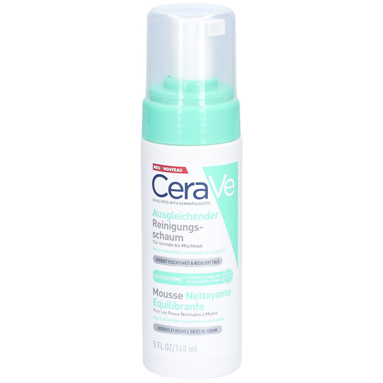 CeraVe Mousse Nettoyante Équilibrante. Witte fles met groene dop. Tekst in het Duits en Frans.