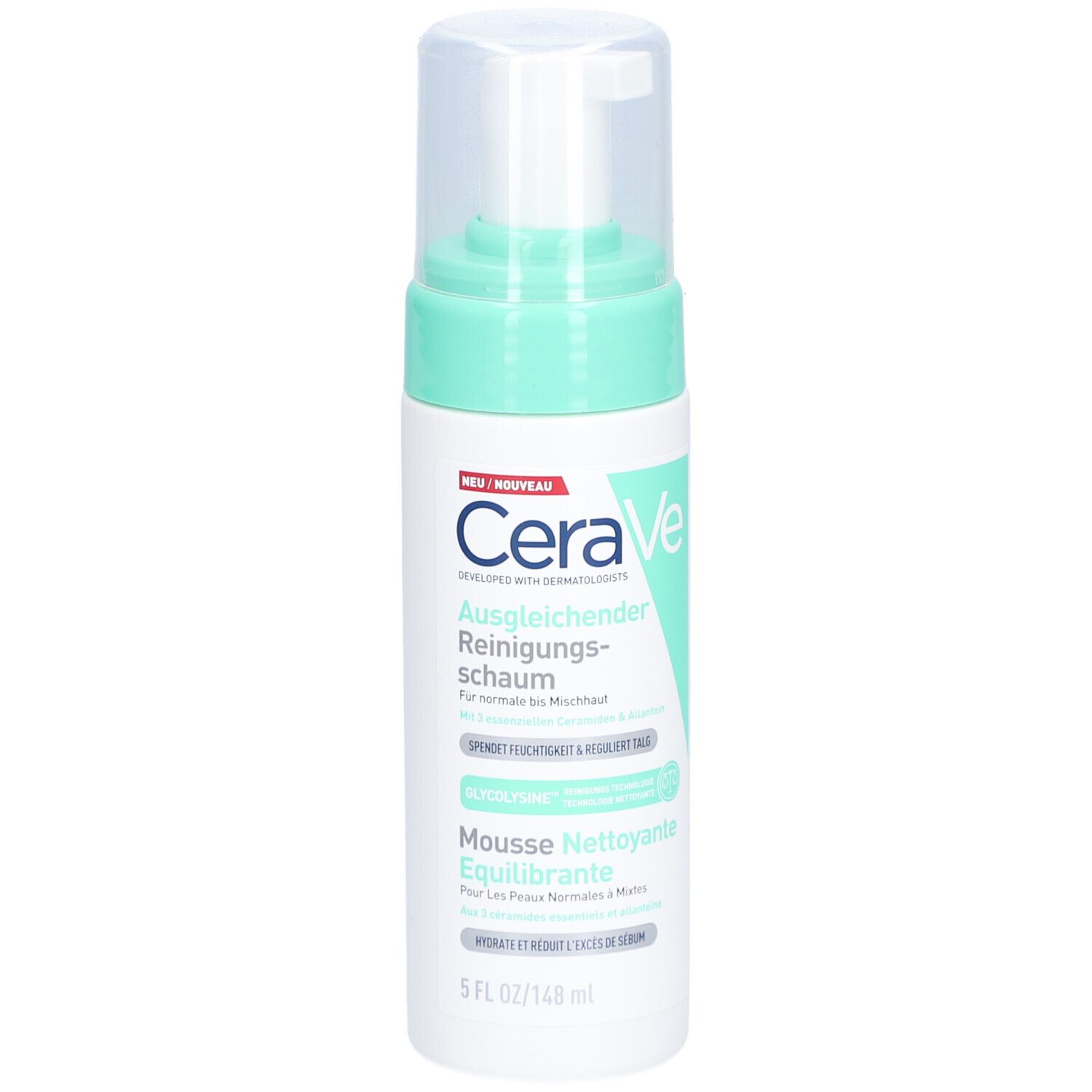CeraVe Mousse Nettoyante Équilibrante. Witte fles met groene dop. Tekst in het Duits en Frans.