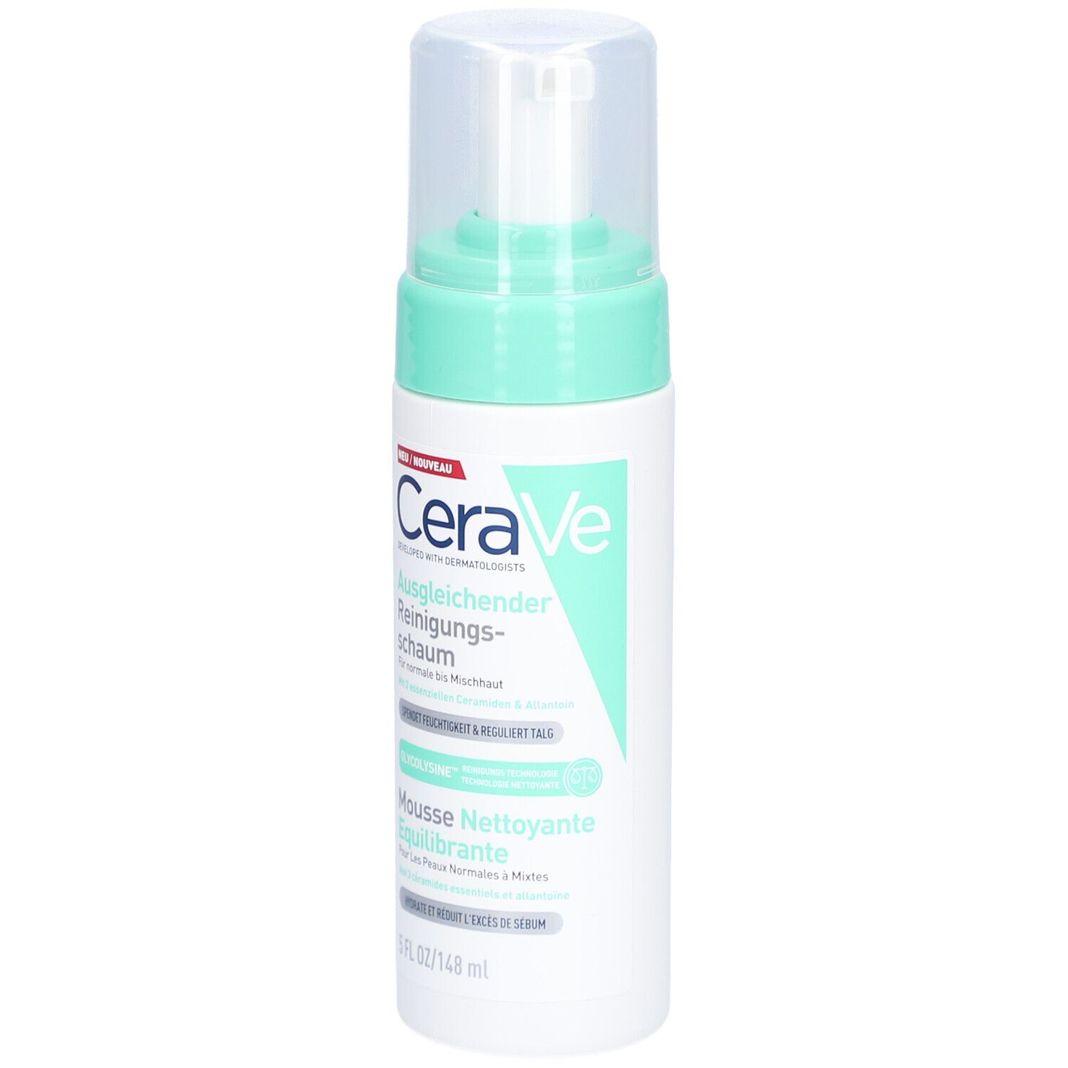 CeraVe Mousse Nettoyante Équilibrante. Witte fles met groene dop. Tekst in het Duits en Frans.