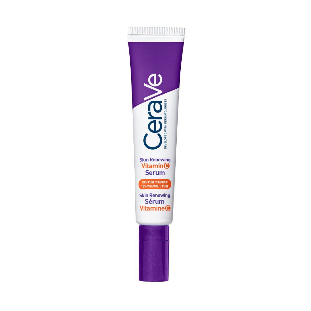 Paarse tube met witte dop. Opschrift: CeraVe, Skin Renewing Vitamin C Serum. 10% pure vitamine C.