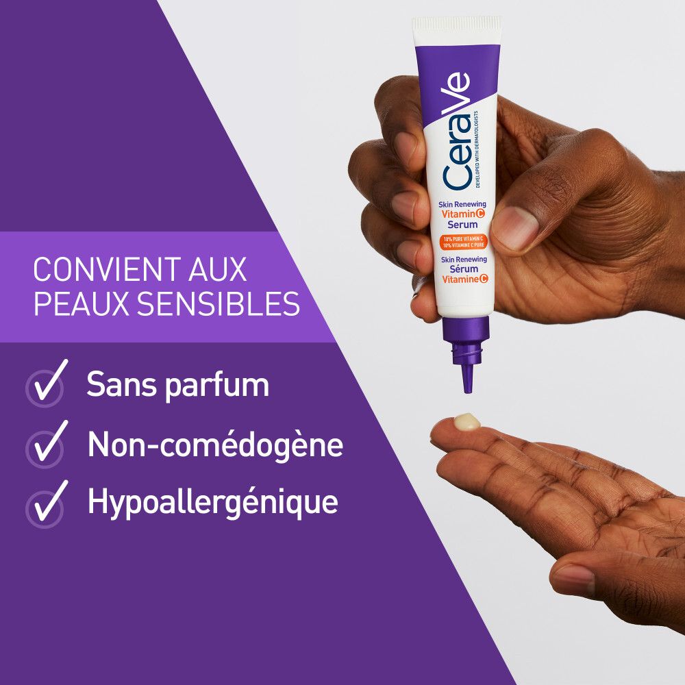 Emballage et tube. Inscription : CeraVe, Skin Renewing Sérum Vitamine C. 10% Vitamine C pure.