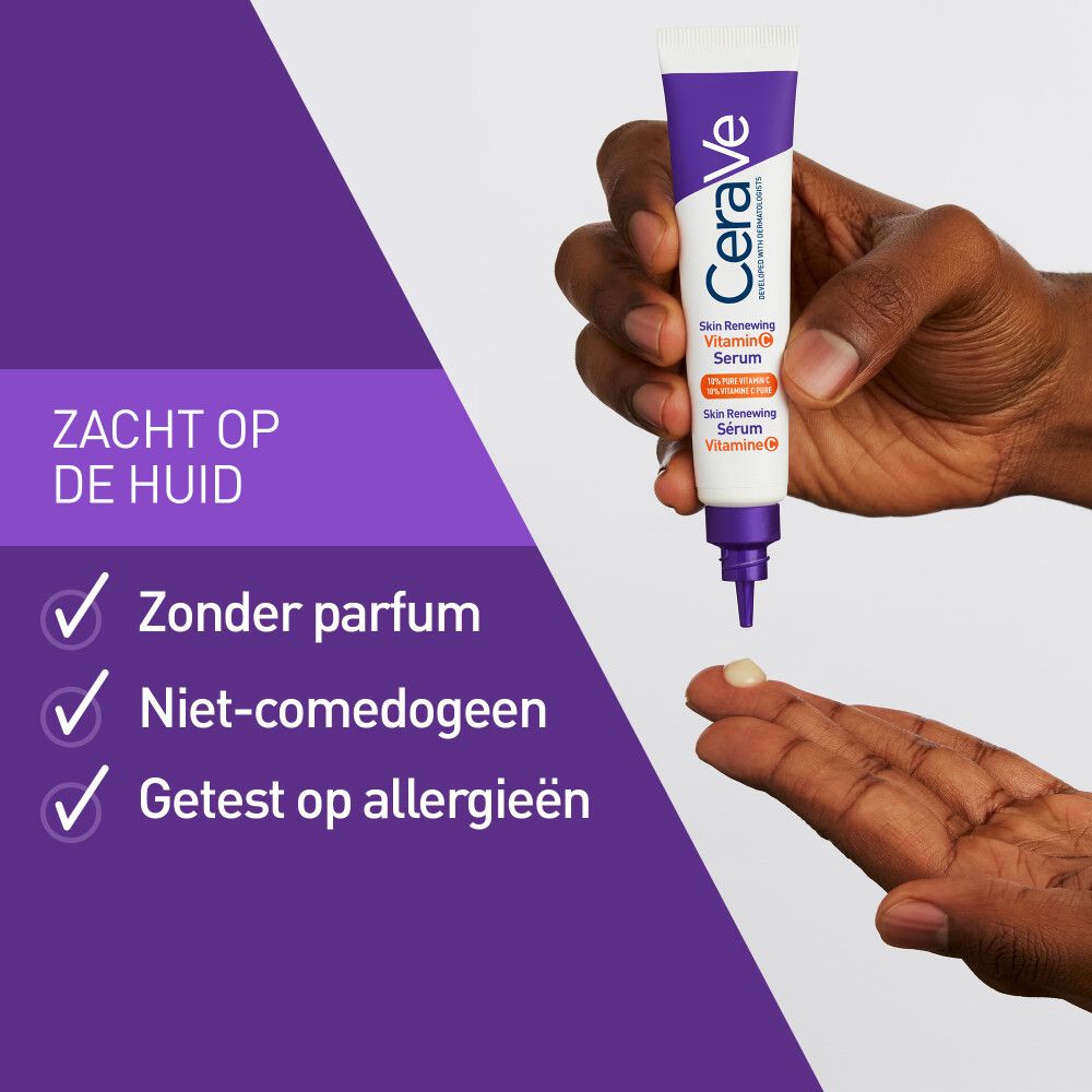 Verpakking en tube. Opschrift: CeraVe, Skin Renewing Vitamin C Serum. 10% pure vitamine C.
