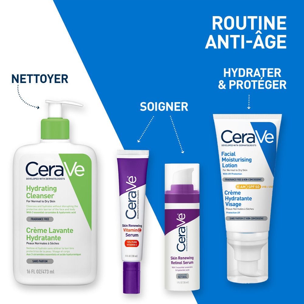 Emballage. Inscription : CeraVe, Skin Renewing Sérum Vitamine C. 10% Vitamine C pure.