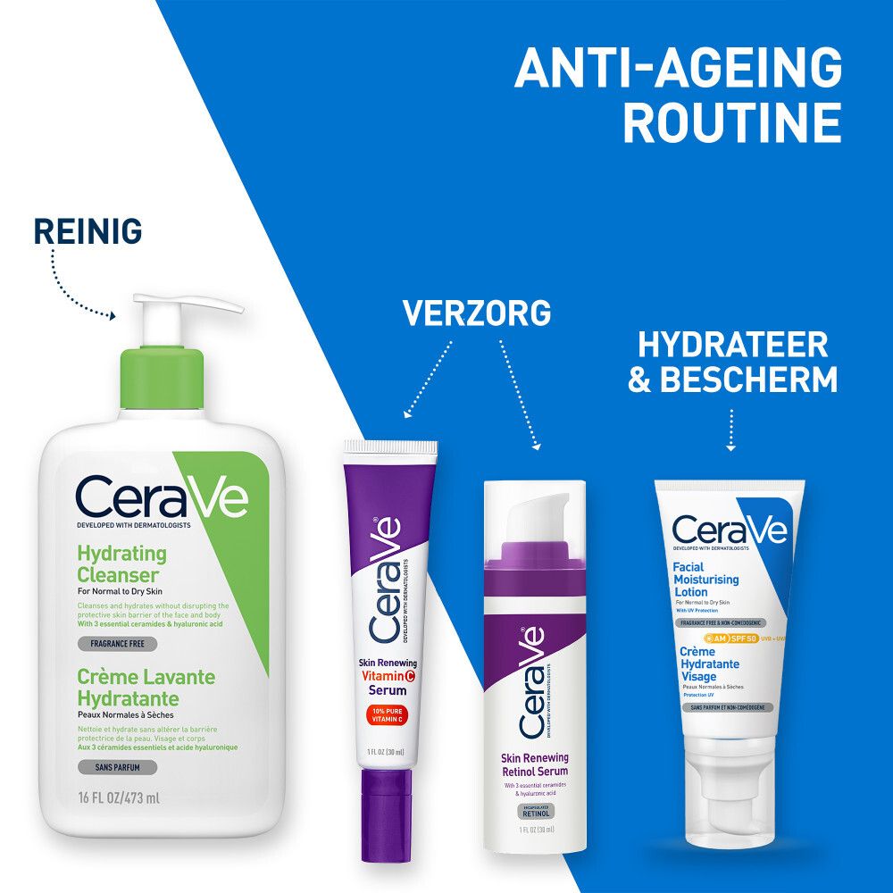 Verpakking. Opschrift: CeraVe, Skin Renewing Vitamin C Serum. 10% pure vitamine C.