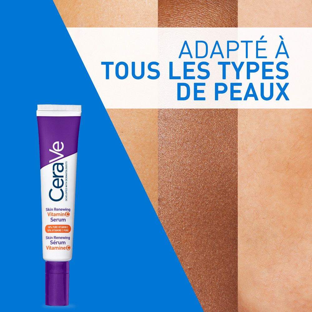 Tube violet. Inscription : CeraVe, Skin Renewing Sérum Vitamine C. 10% Vitamine C pure.