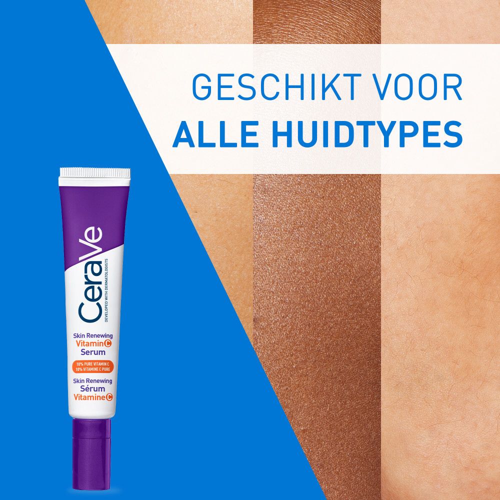 Paarse tube met witte dop. Opschrift: CeraVe, Skin Renewing Vitamin C Serum. 10% pure vitamine C.