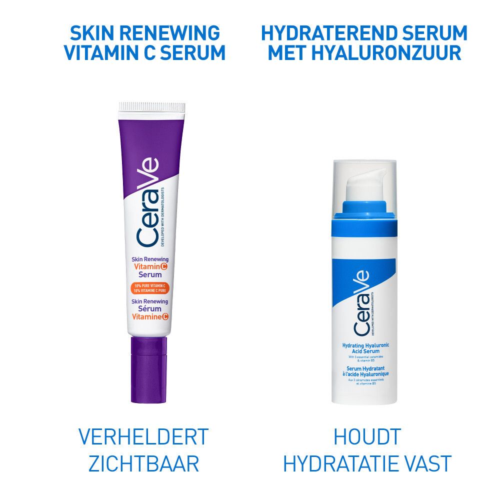 Verpakking. Opschrift: CeraVe, Skin Renewing Vitamin C Serum. 10% pure vitamine C.