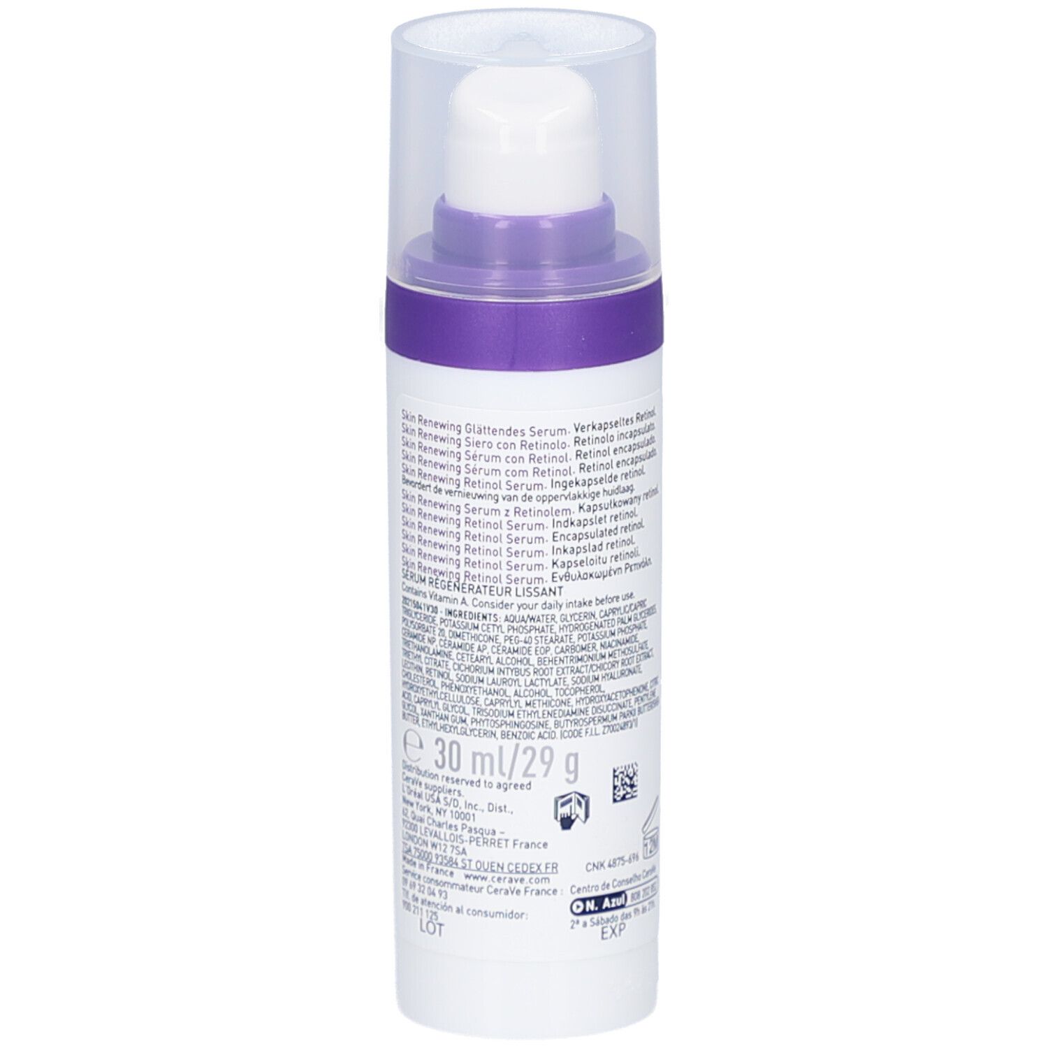 Achterkant van de CeraVe Retinol Serum fles. Tekst en ingrediënten.