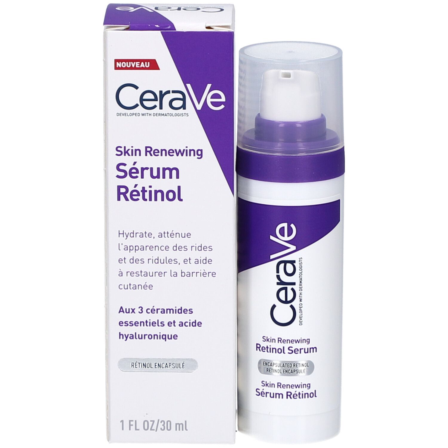CeraVe Skin Renewing Retinol Serum. Fles en verpakking. Tekst.