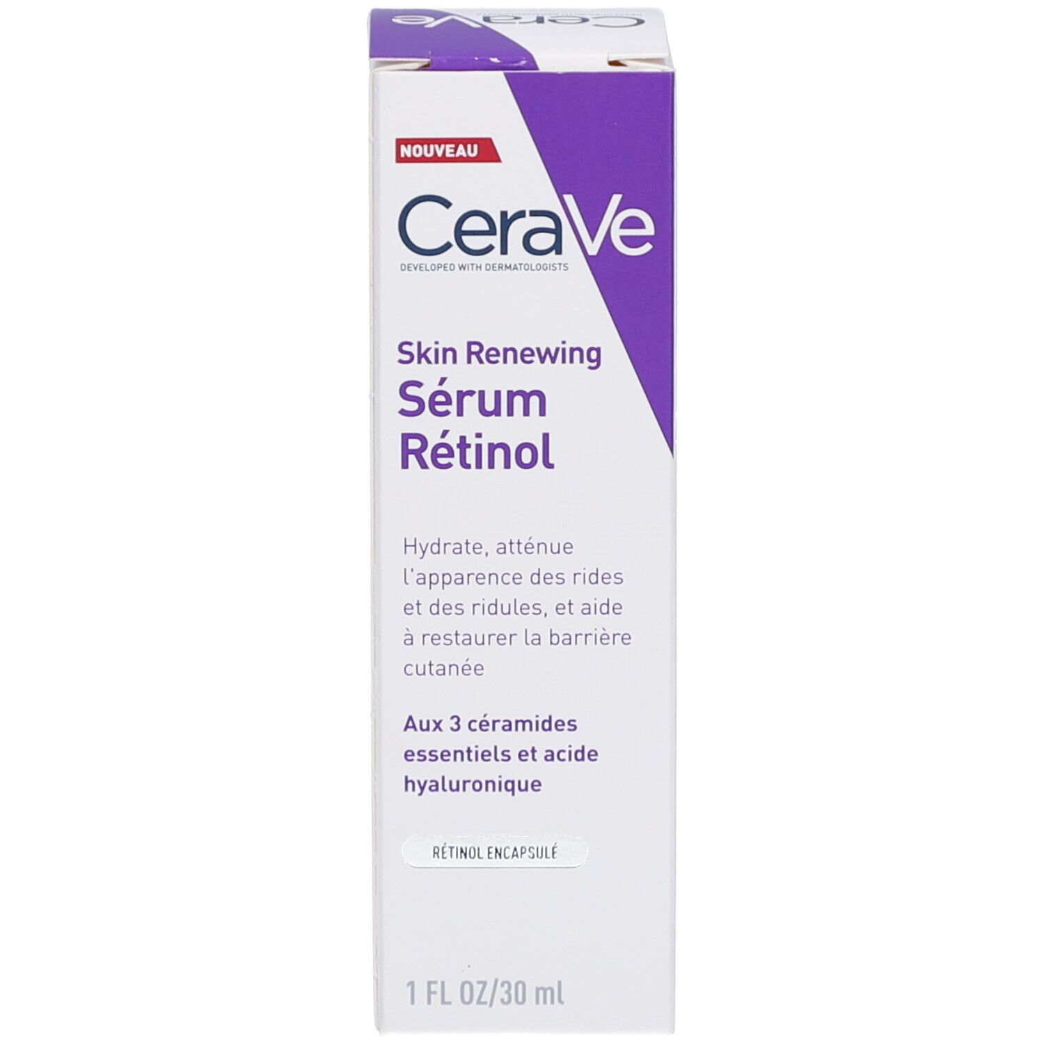 CeraVe Skin Renewing Retinol Serum. Witte fles, paarse accenten, pompje.