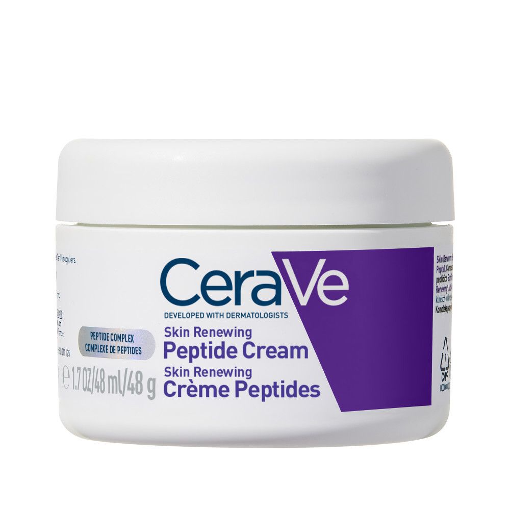 CeraVe Skin Renewing Peptide Cream in een witte pot met paarse accenten.