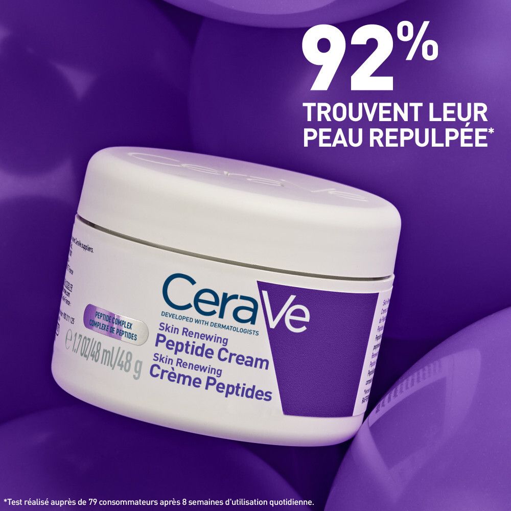 Pot de crème sur fond violet. Texte: CeraVe Skin Renewing Peptide Cream. 92% trouvent peau repulpée.