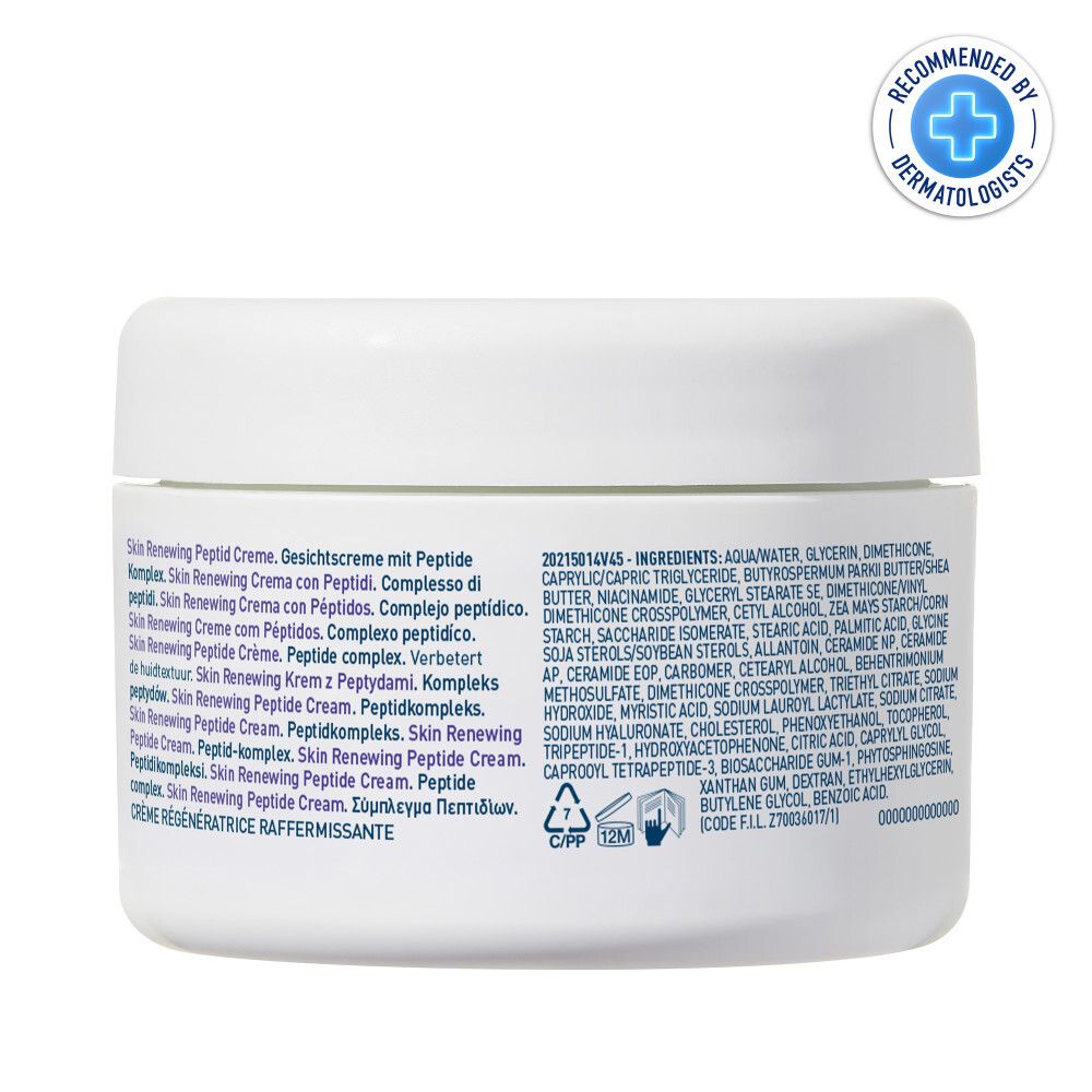 Dos du pot de crème. Texte: CeraVe Skin Renewing Peptide Cream. Ingrédients.