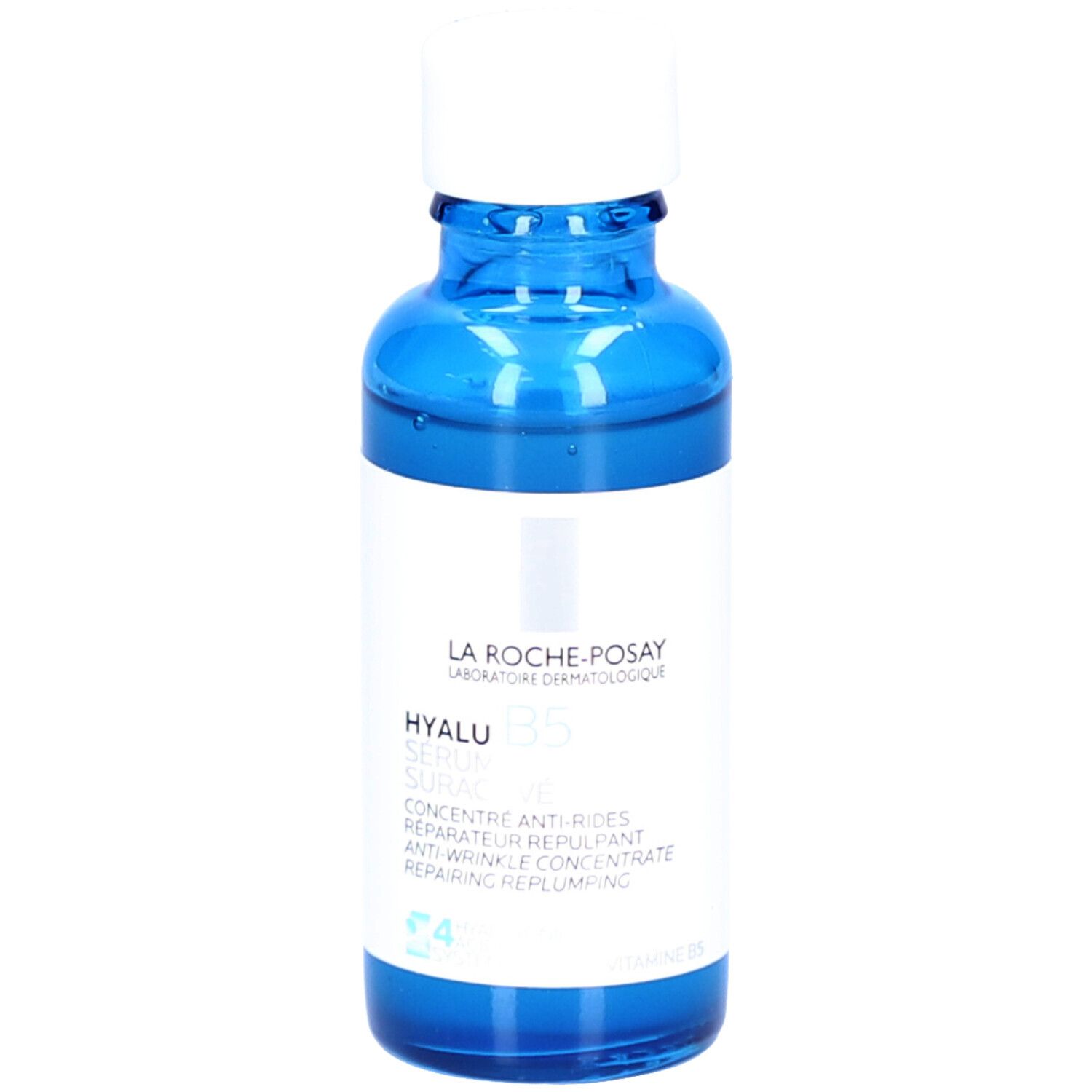 Blauwe fles met witte dop. Opschrift: La Roche-Posay, Hyalu B5 Sérum Suractivé.