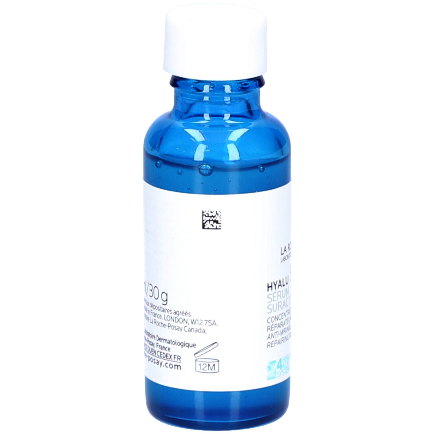 Achterkant blauwe fles. Opschrift: La Roche-Posay, Hyalu B5 Serum Suractivé, 30g.