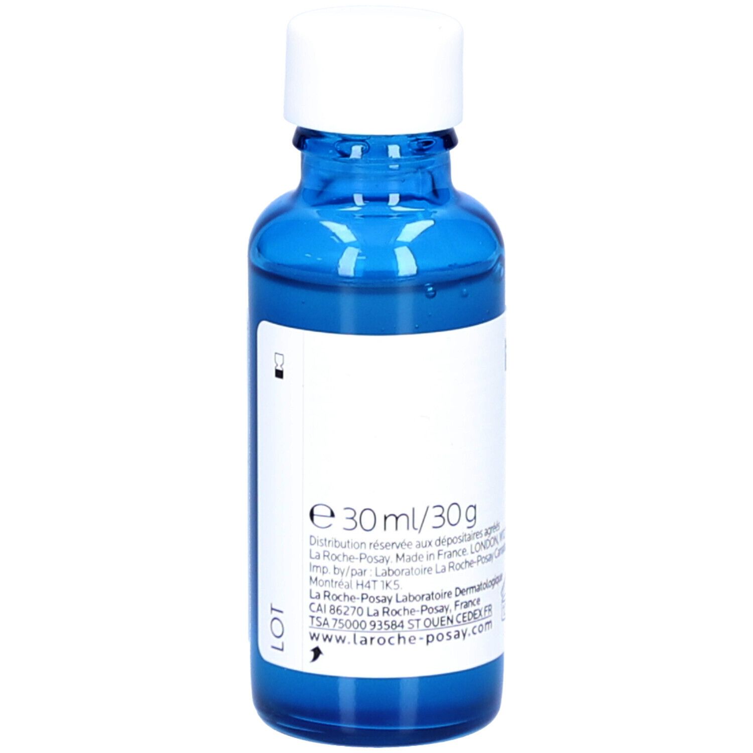 Achterkant blauwe fles. Opschrift: La Roche-Posay, Hyalu B5 Serum Suractivé, 30 ml.