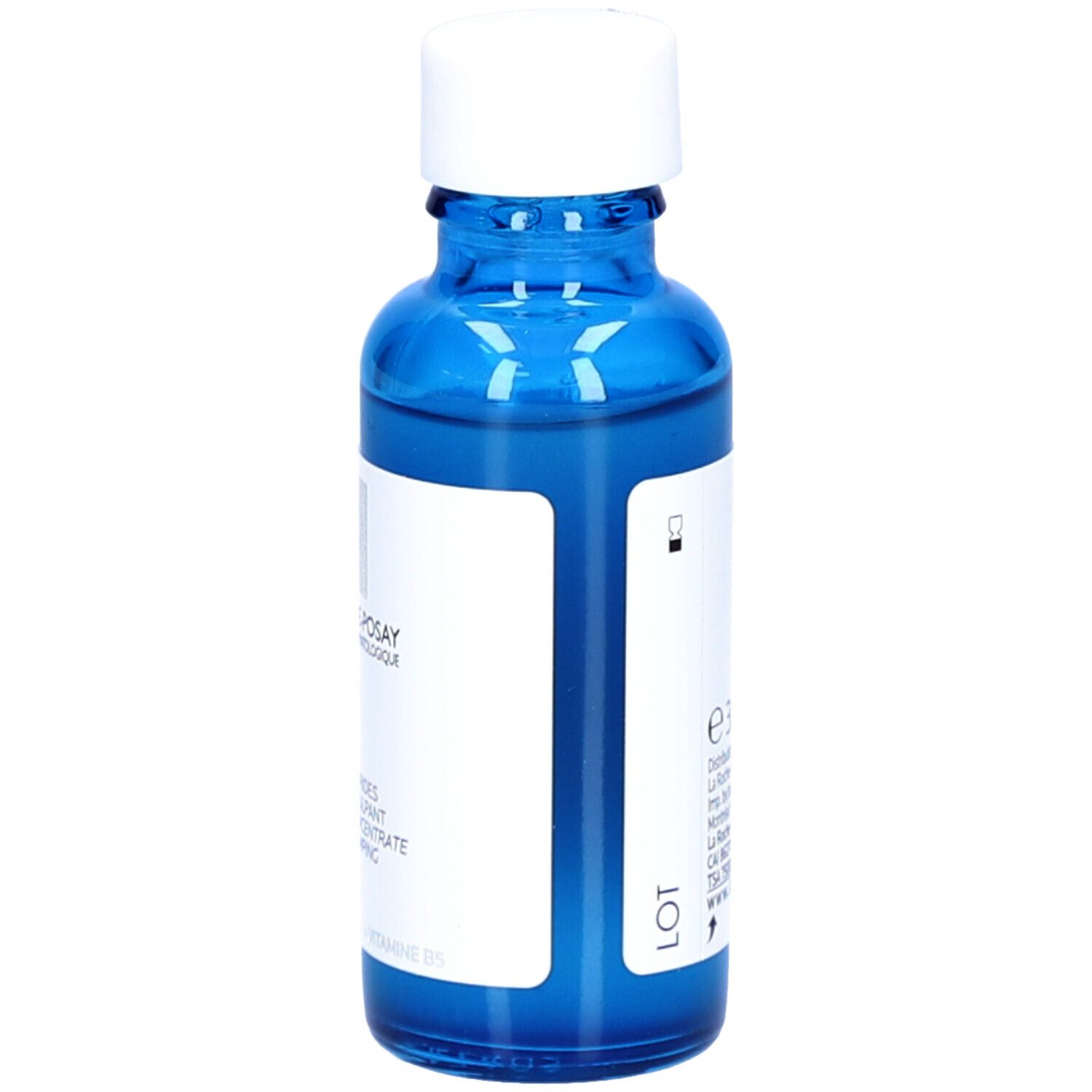 Achterkant blauwe fles. Opschrift: La Roche-Posay, Hyalu B5 Serum Suractivé, 30 ml.