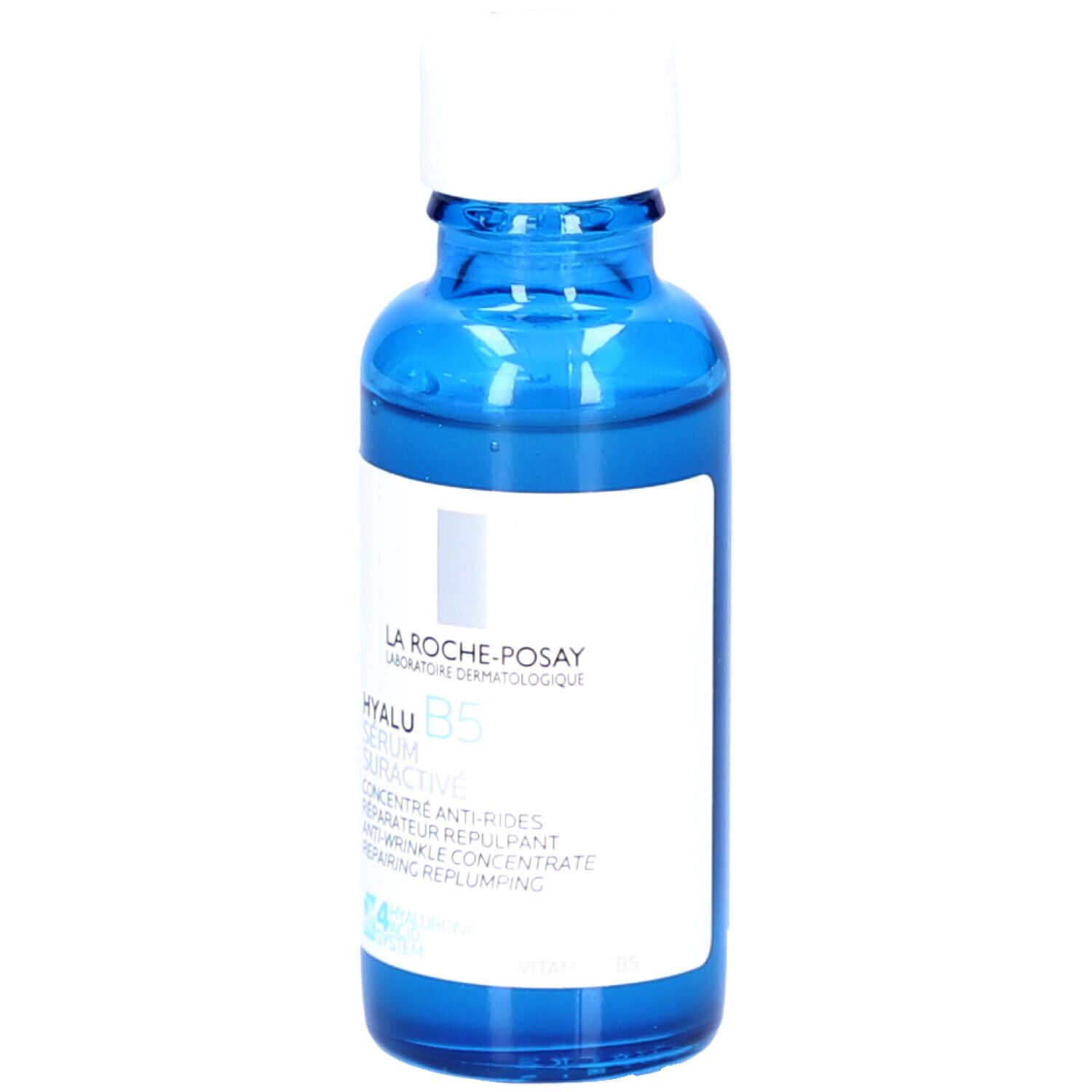 Blauwe fles met witte dop. Opschrift: La Roche-Posay, Hyalu B5 Serum Suractivé.