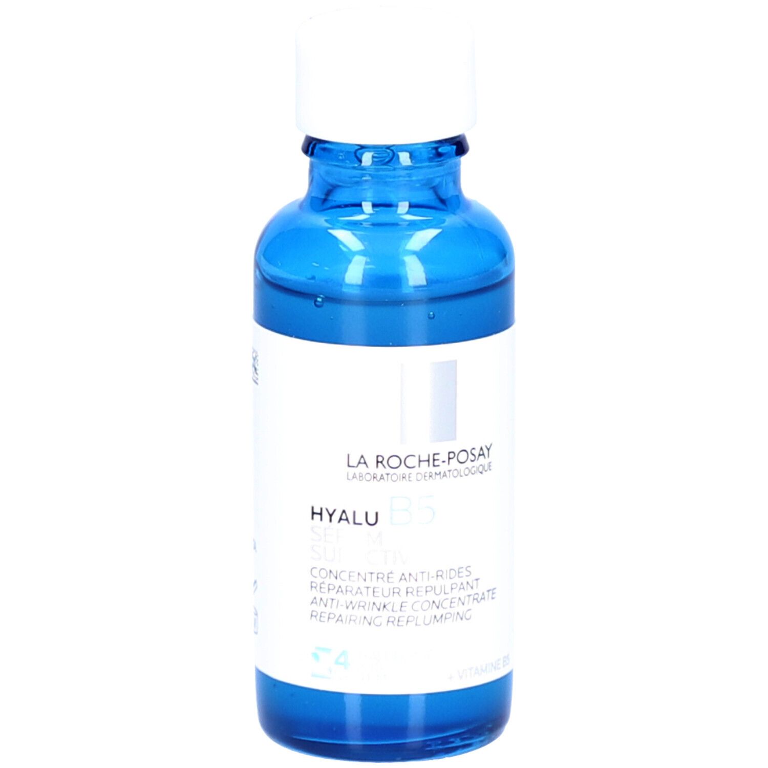 Blauwe fles met witte dop. Opschrift: La Roche-Posay, Hyalu B5 Serum Suractivé.
