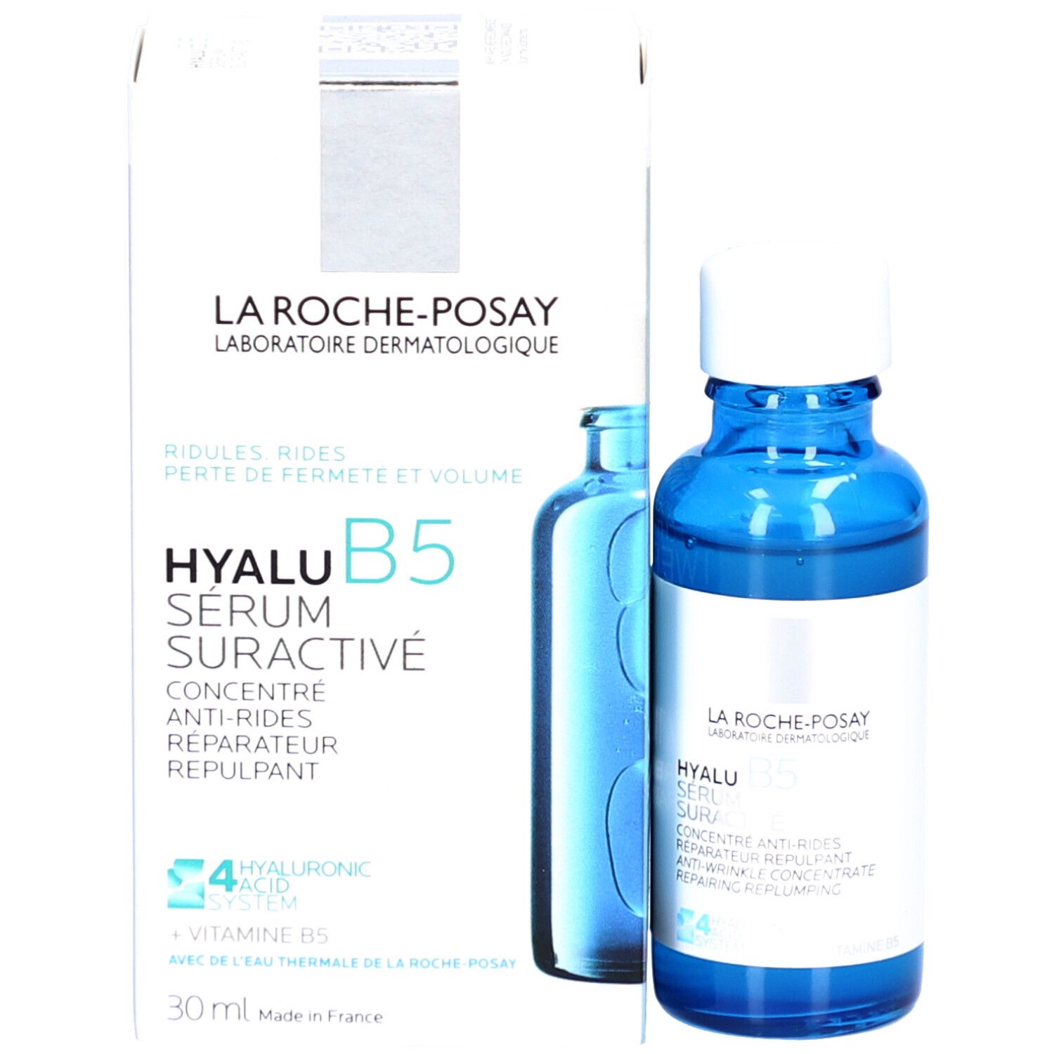 Verpakking met fles. Opschrift: La Roche-Posay, Hyalu B5 Serum Suractivé, 30 ml.