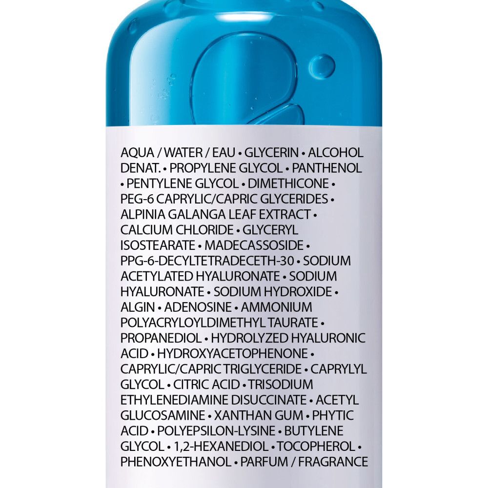 Ingrediënten op witte achtergrond. Opschrift: Aqua, hyaluronzuur, vitamine B5.