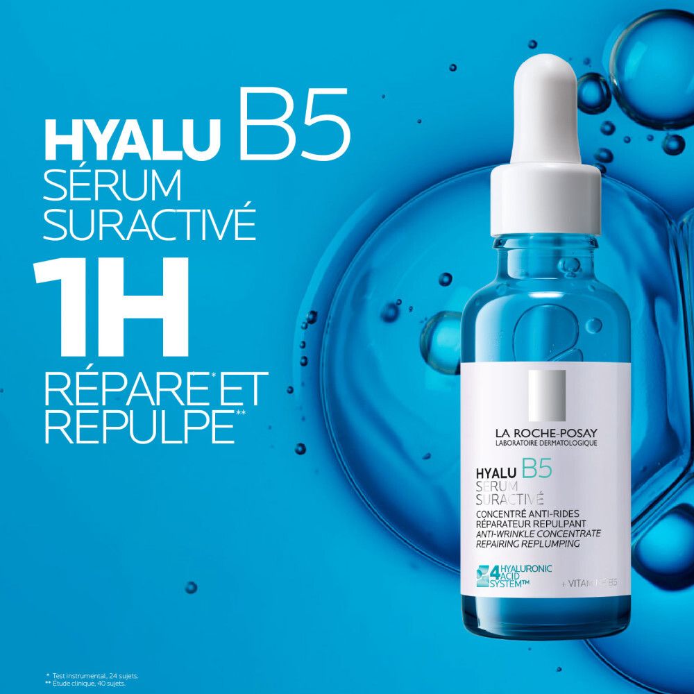 Flacon bleu avec pipette. Inscription: La Roche-Posay, Hyalu B5 Sérum Suractivé.