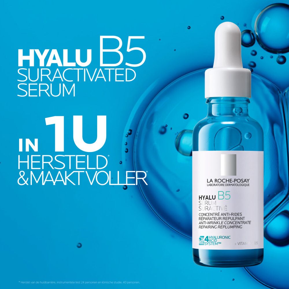 Gezicht van een vrouw. Opschrift: Hyalu B5 Serum Suractivé, herstelt en maakt voller.