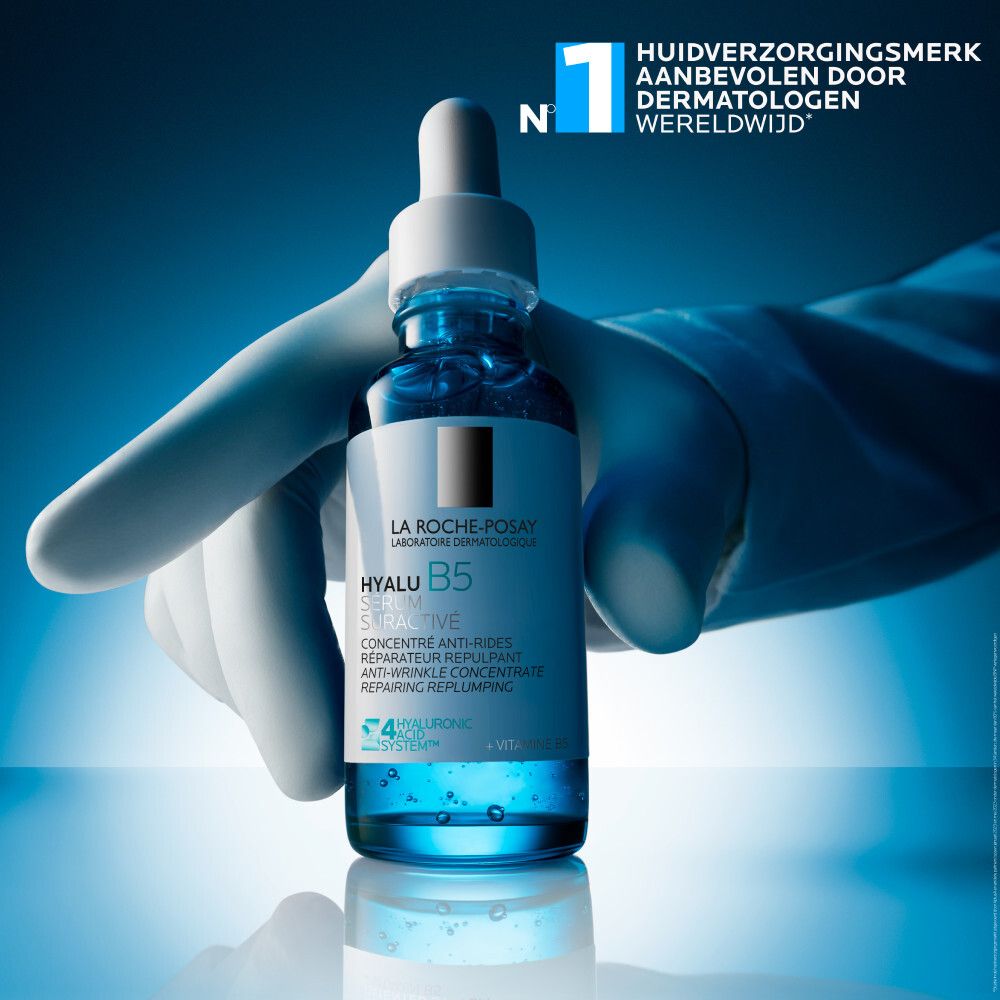 Blauwe fles met pipet. Opschrift: La Roche-Posay, Hyalu B5 Serum Suractivé.