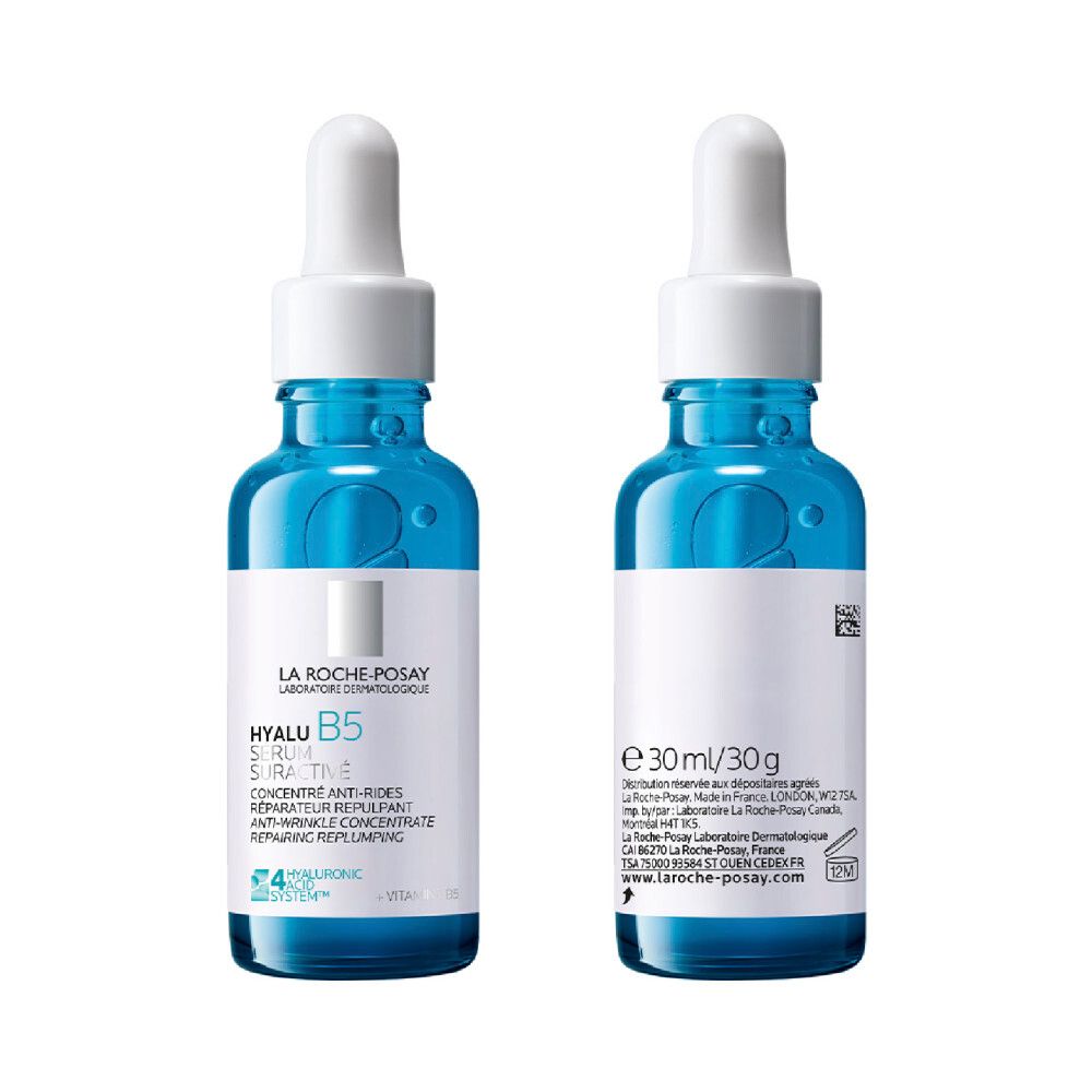 Twee blauwe flessen. Opschrift: La Roche-Posay, Hyalu B5 Serum Suractivé, 30 ml.