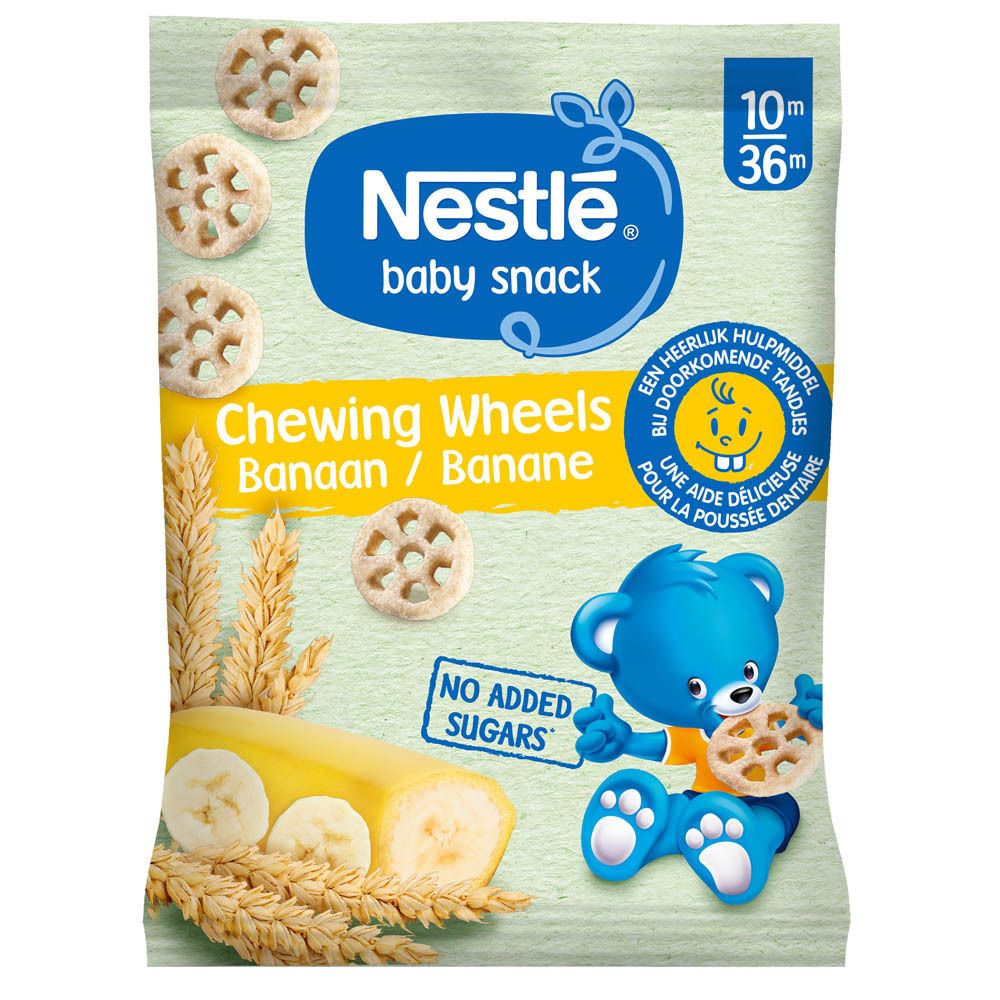 Verpakking Nestlé Baby Snack Chewing Wheels Banane. Afbeelding van wielen, banaan, tarwe en blauwe beer.