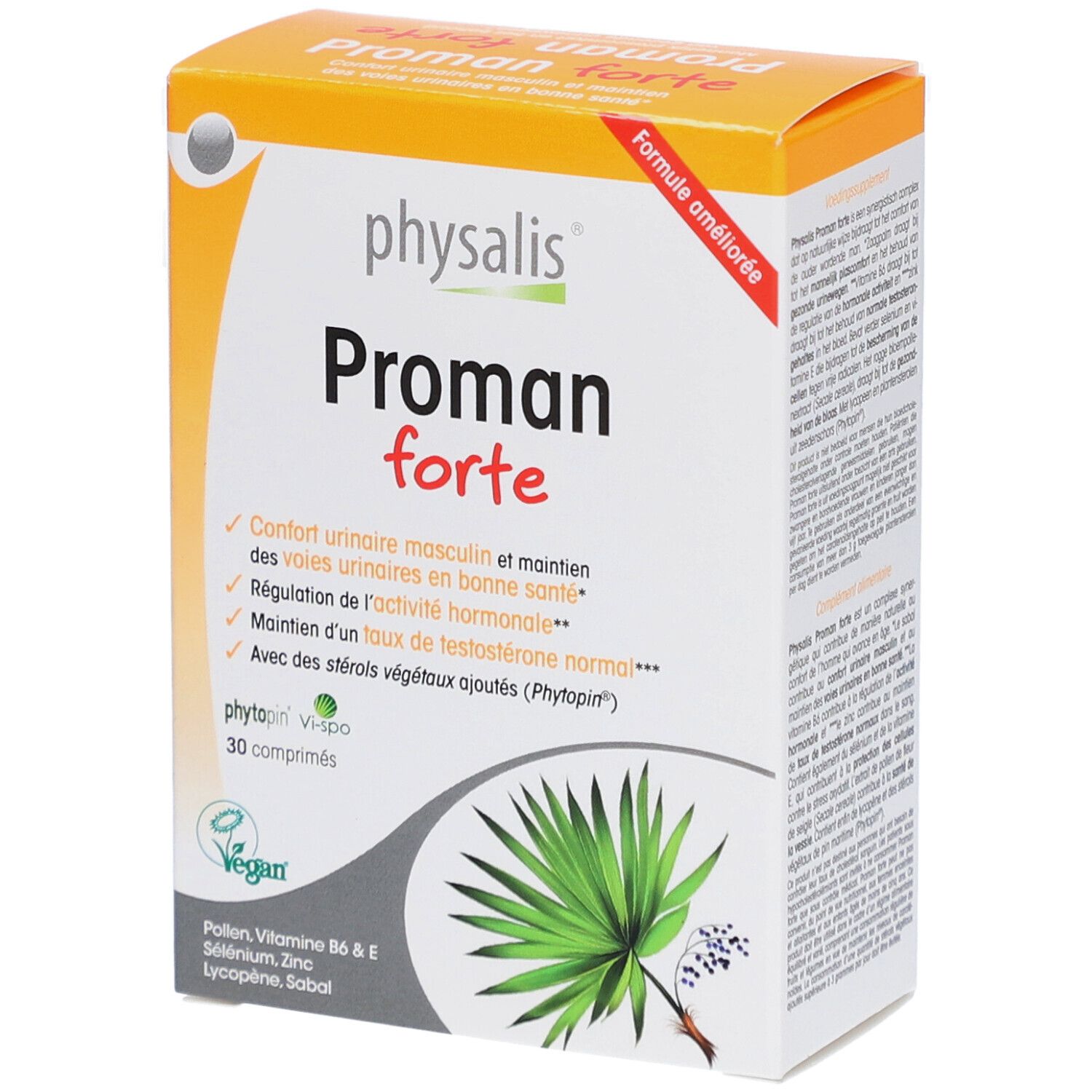 Boîte en carton avec nom et logo du produit. Contient 30 comprimés. Label végan. Texte en français.