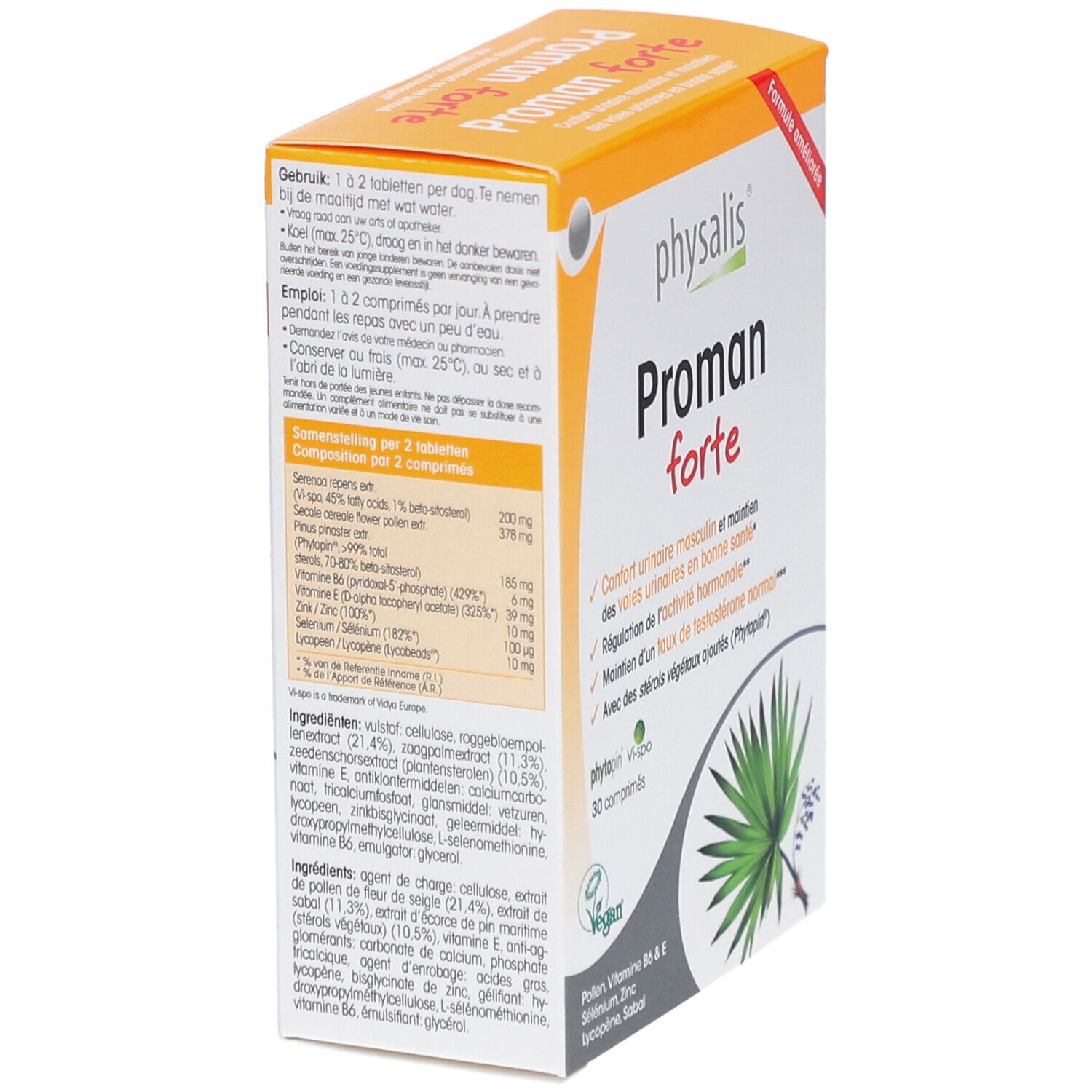 Dos de la boîte en carton avec informations sur le produit et ingrédients. Texte en plusieurs langues.