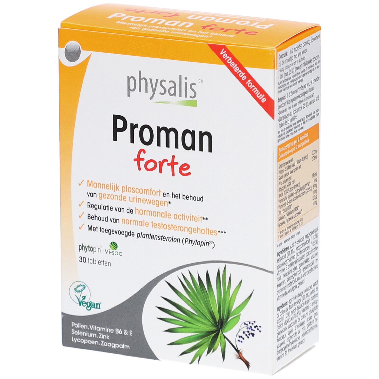 Boîte en carton avec nom et logo du produit. Contient 30 comprimés. Label végan. Texte en néerlandais.