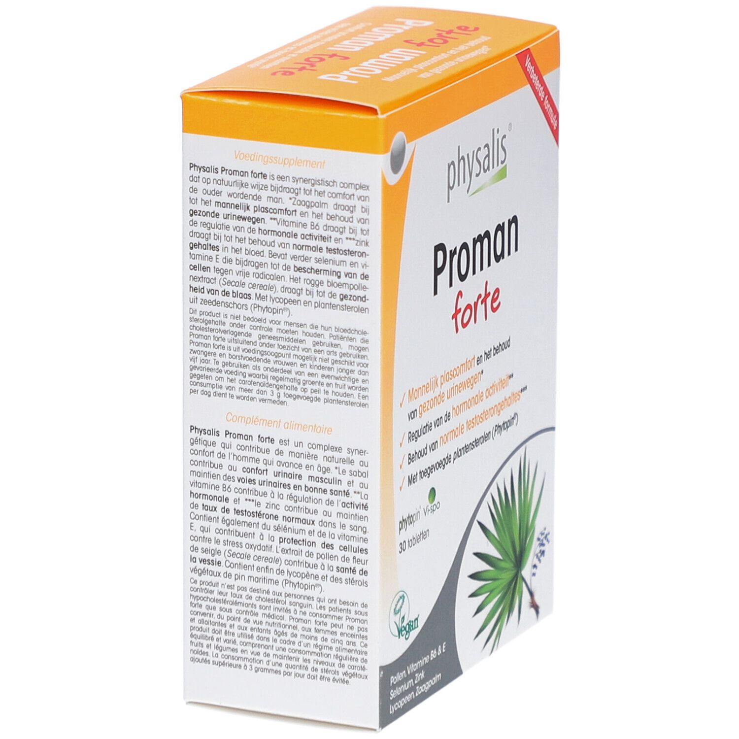 Boîte en carton avec informations sur le produit et texte. Contient 30 comprimés. Label végan. Texte multilingue.