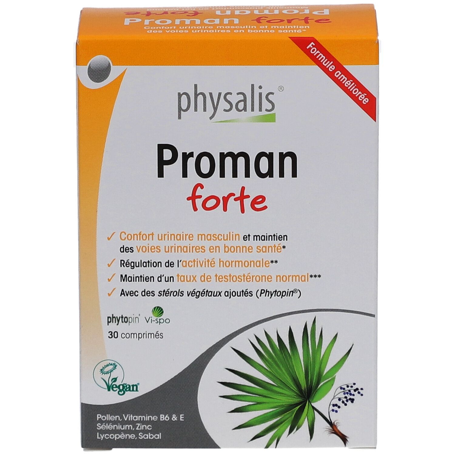 Boîte en carton avec nom et logo du produit. Contient 30 comprimés. Label végan. Texte en français.