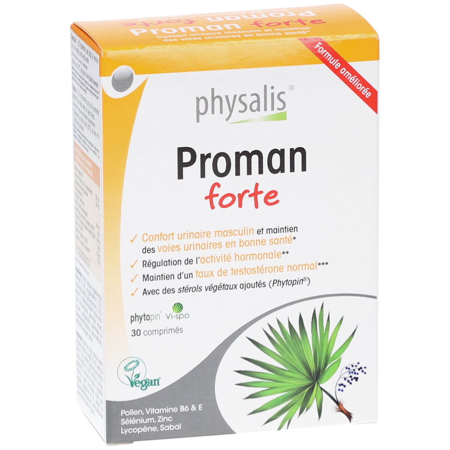 Boîte en carton avec nom et logo du produit. Contient 30 comprimés. Label végan. Texte en français.