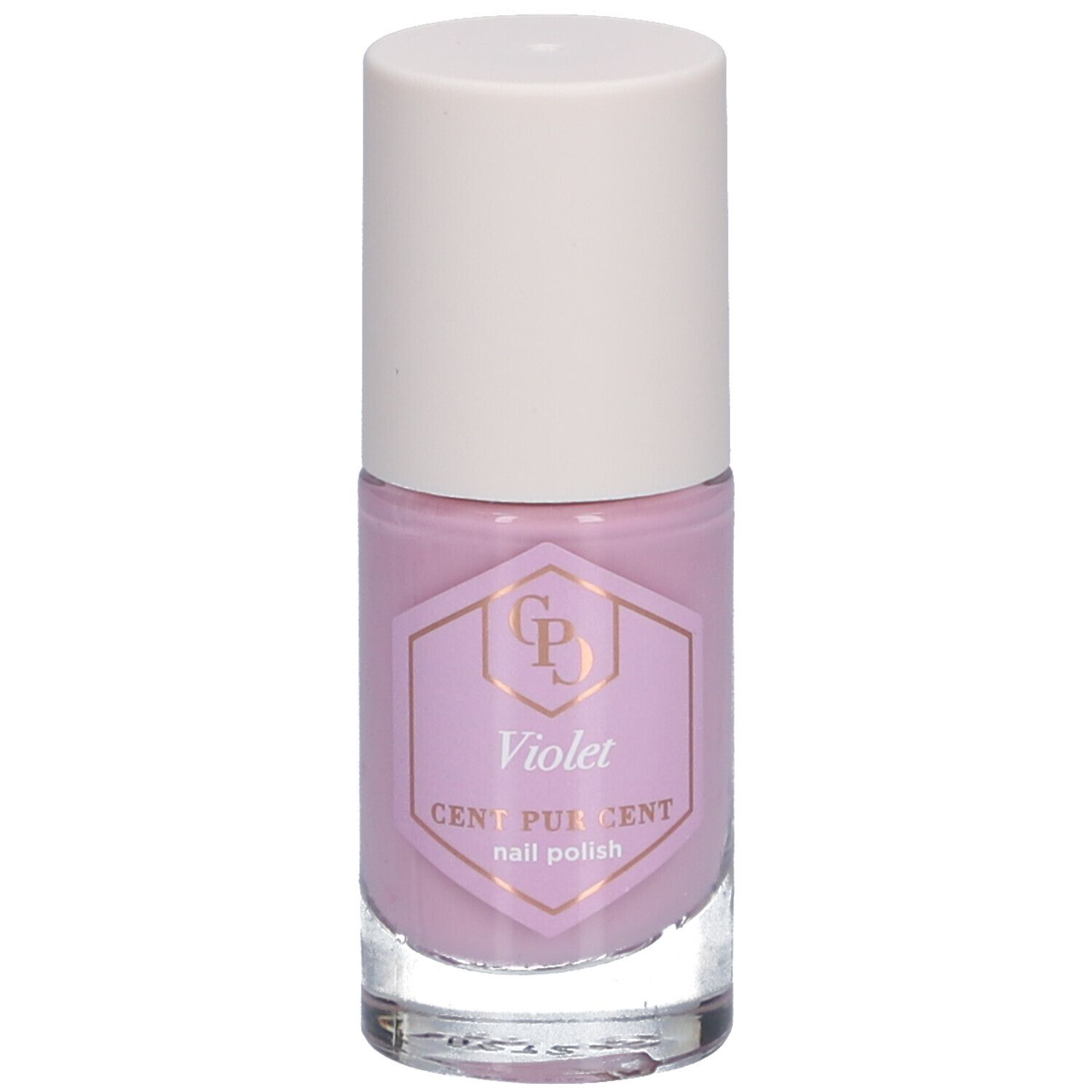 Paarse nagellakfles. Witte dop, transparante glazen fles. Etiket met tekst: Violet, Cent Pur Cent, nagellak.